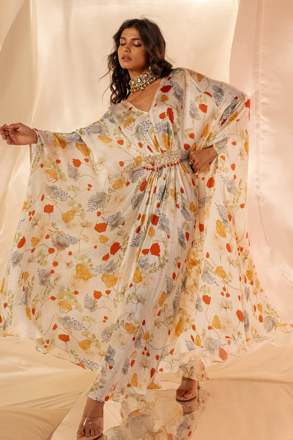 Buy White V-Neck Embroidered Kaftan by Shristi Chetani for women online at ScrollnShops