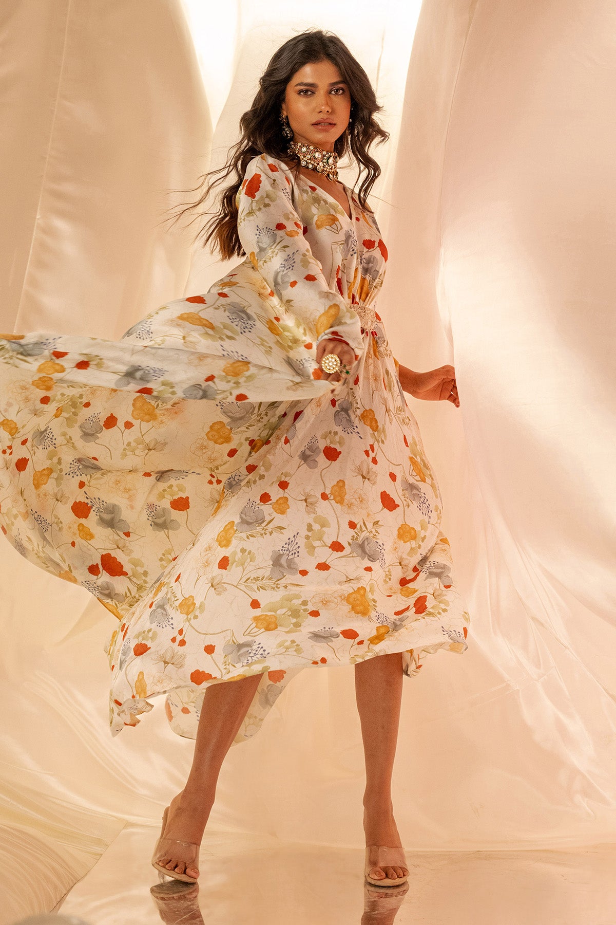 White V-Neck Embroidered Kaftan