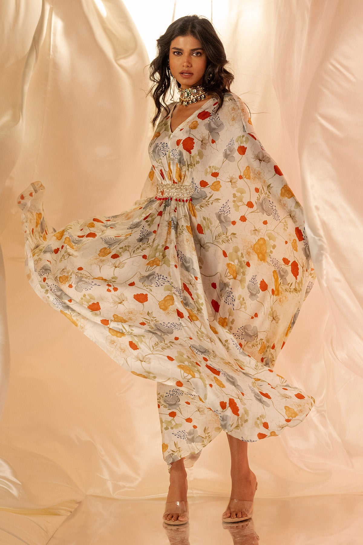 White V-Neck Embroidered Kaftan