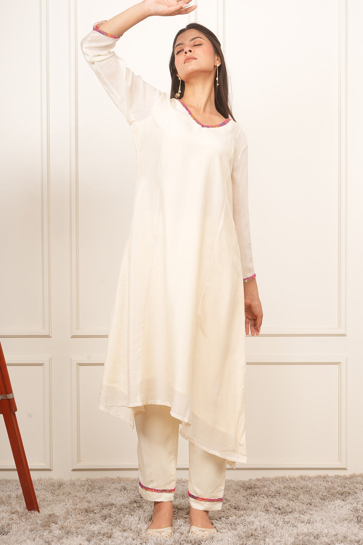 White V-Neck Flared Kurta Set