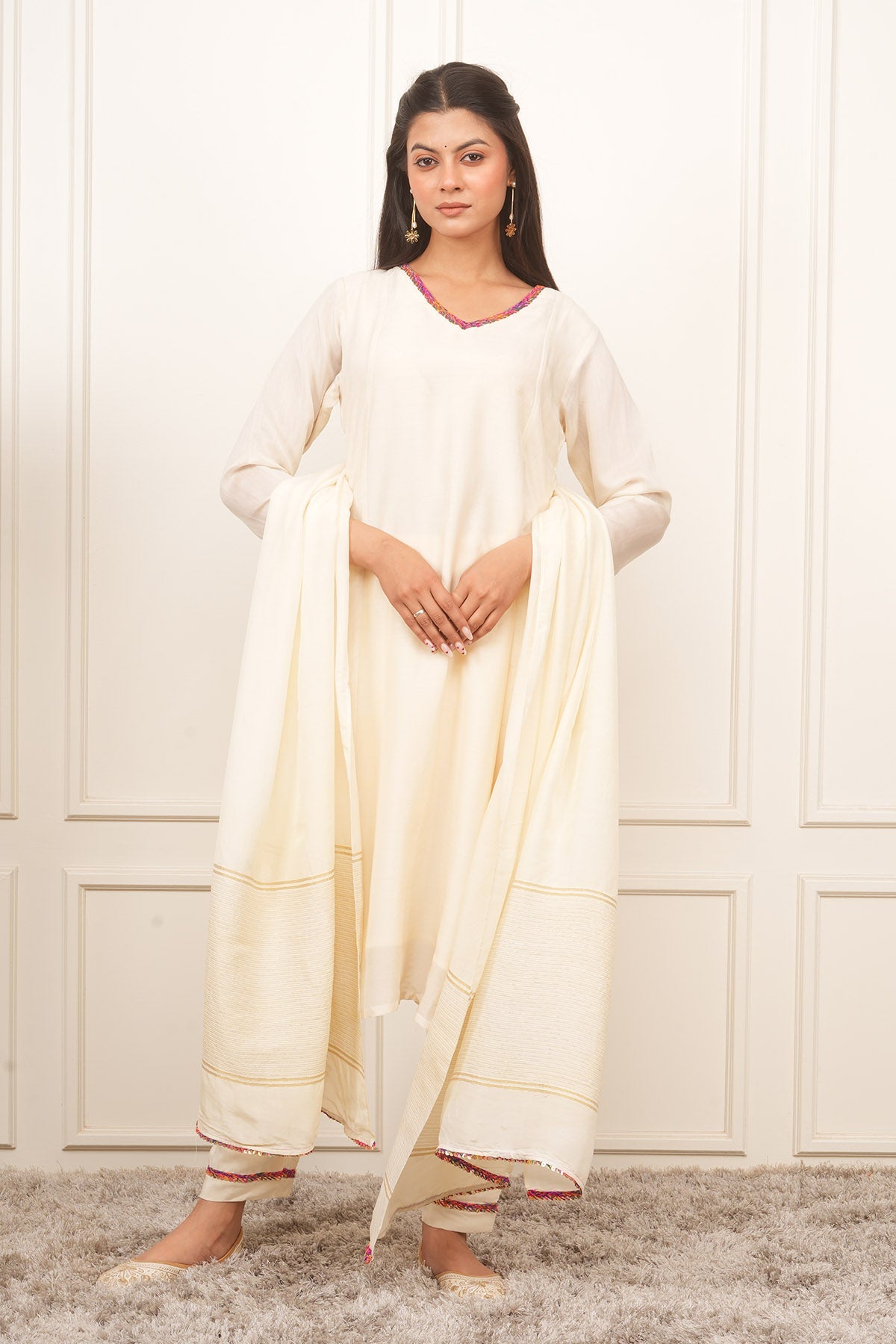 Buy White V-Neck Flared Kurta Set by Eesha Gupta for women online at ScrollnShops