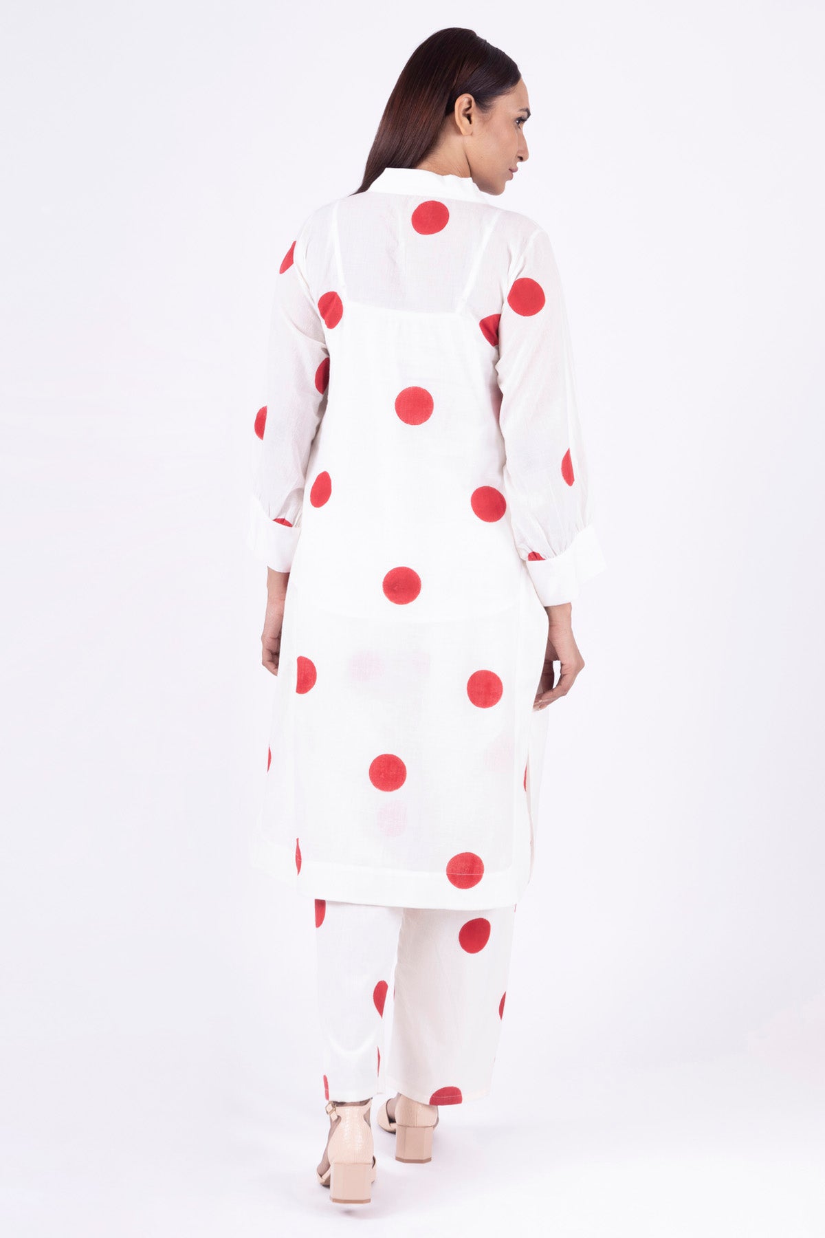 White V-Neck Polka Kurta Set