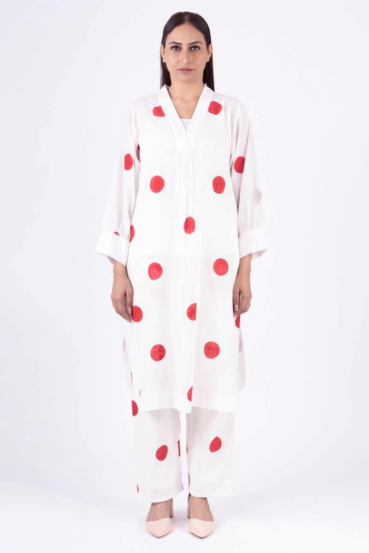 White V-Neck Polka Kurta Set