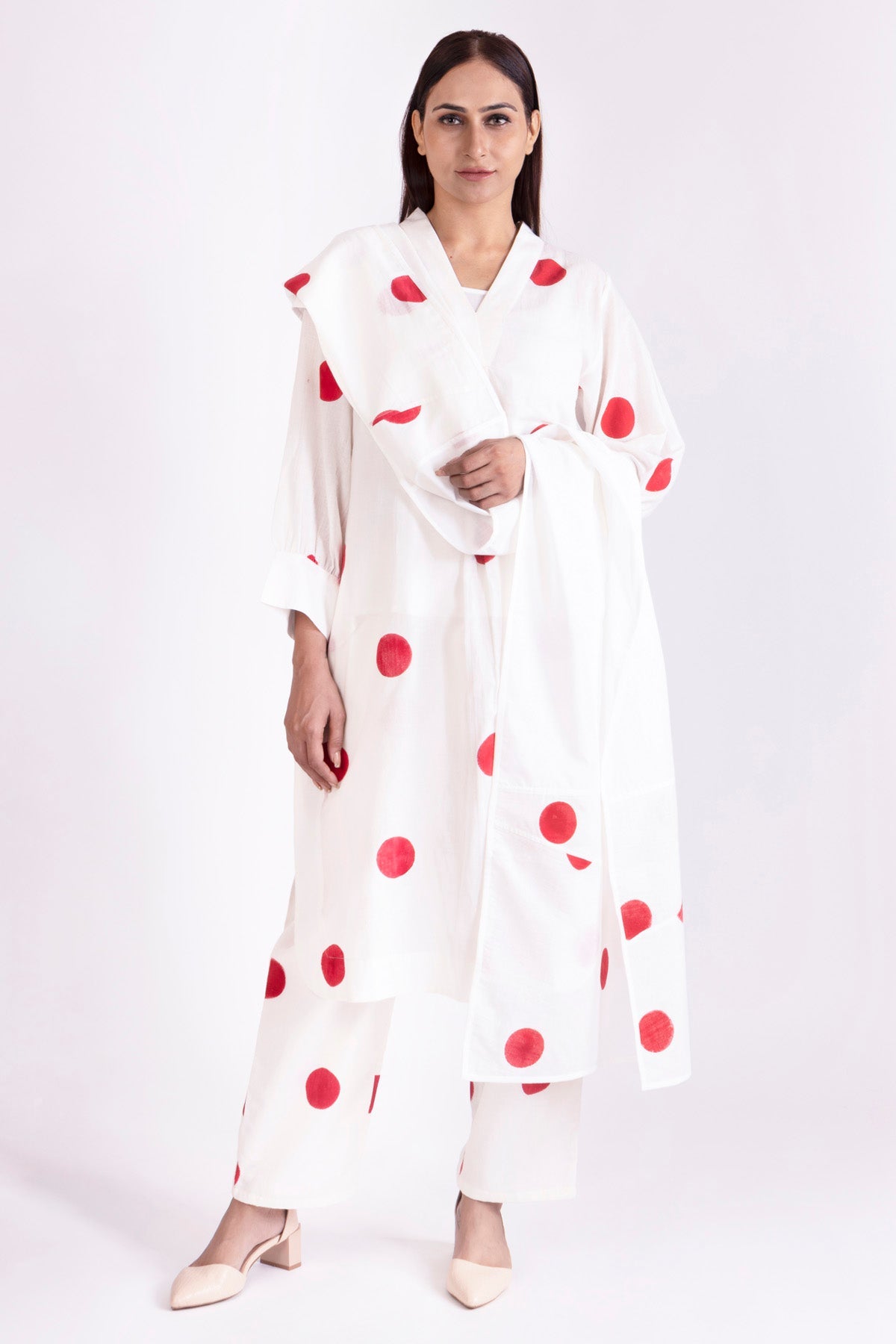 Buy Designer White V-Neck Polka Kurta Set Online