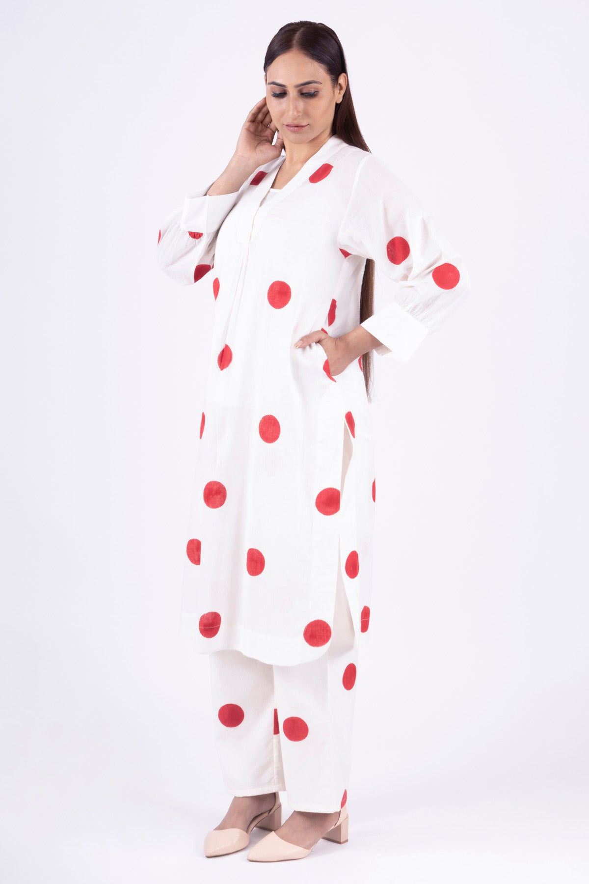 White V-Neck Polka Kurta Set