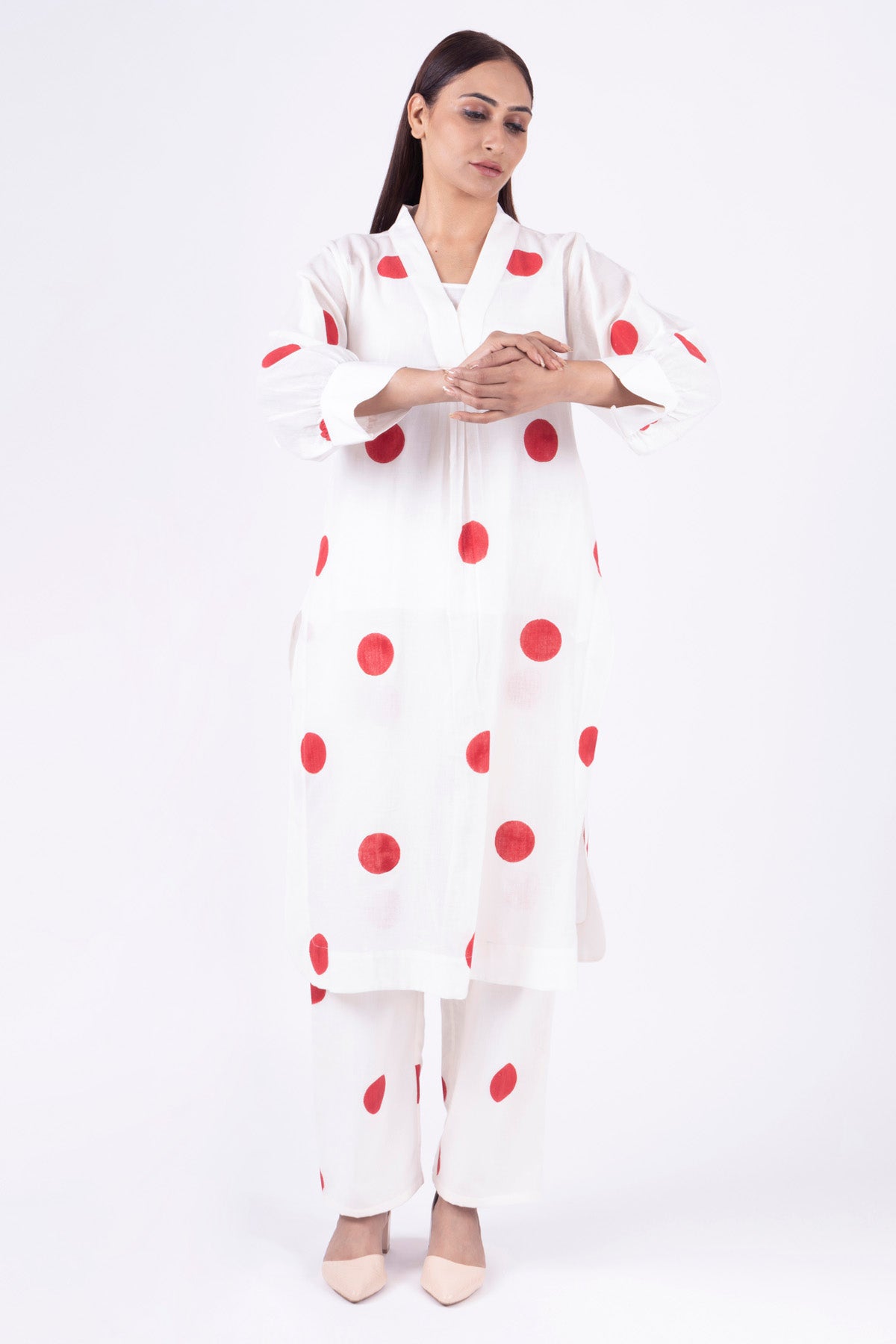 White V-Neck Polka Kurta Set