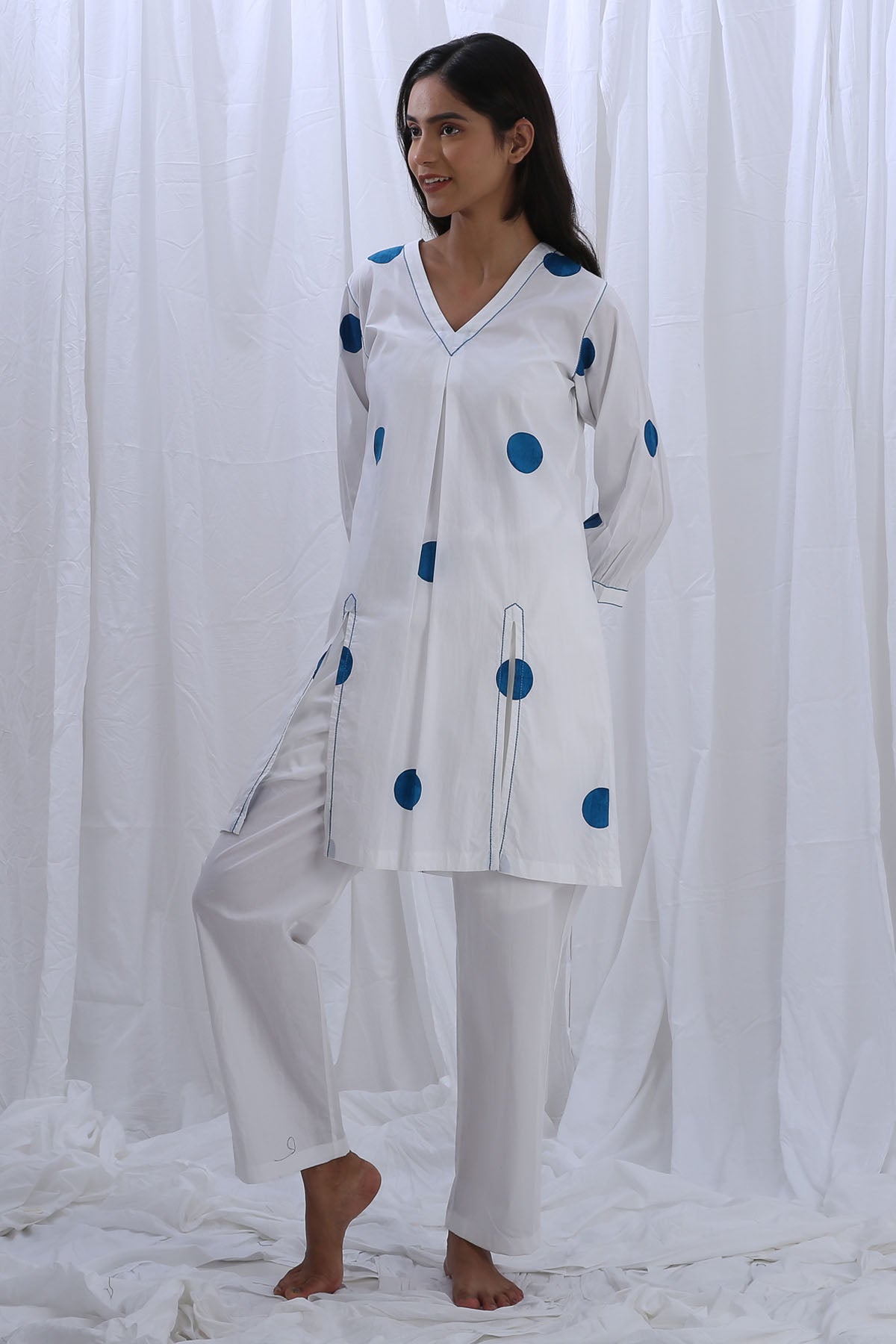 Buy Designer White V-Neck Print Top & Pants Online