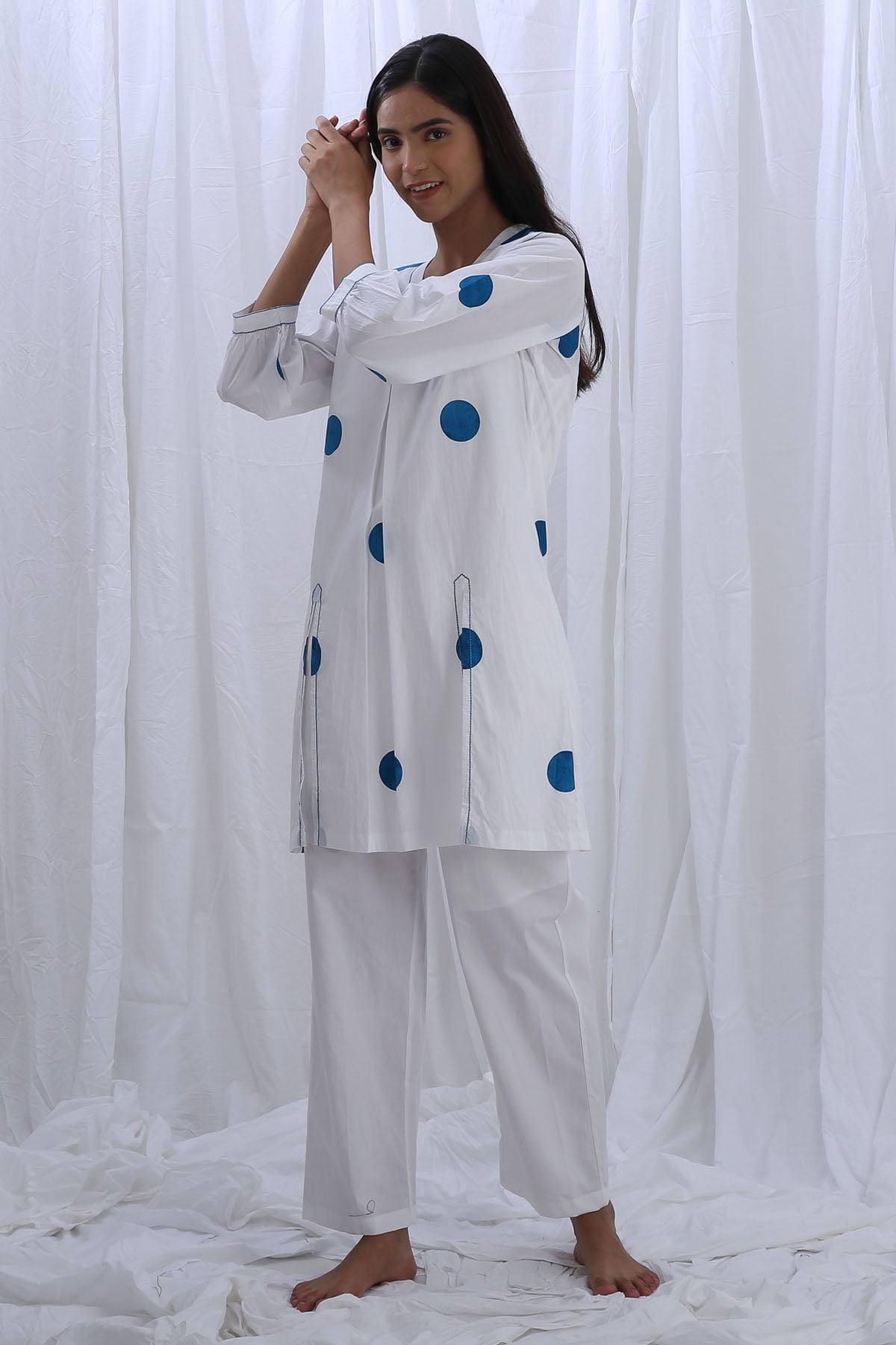 White V-Neck Print Top & Pants