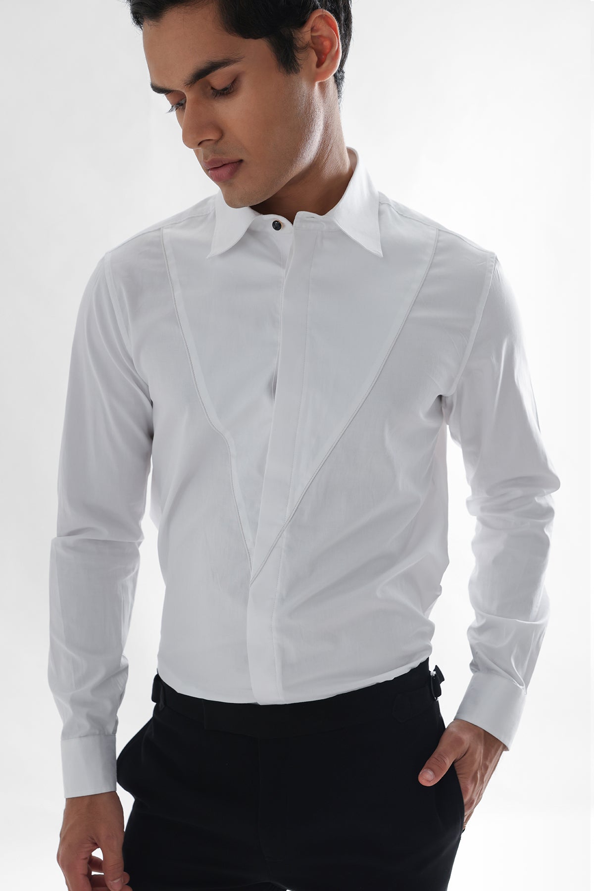 Buy White V Shaped Detailed Shirt for men by Paarsh Atelier online available at scrollnshops