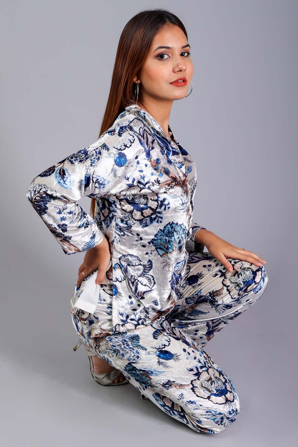 White Velvet Print Co-ord Set