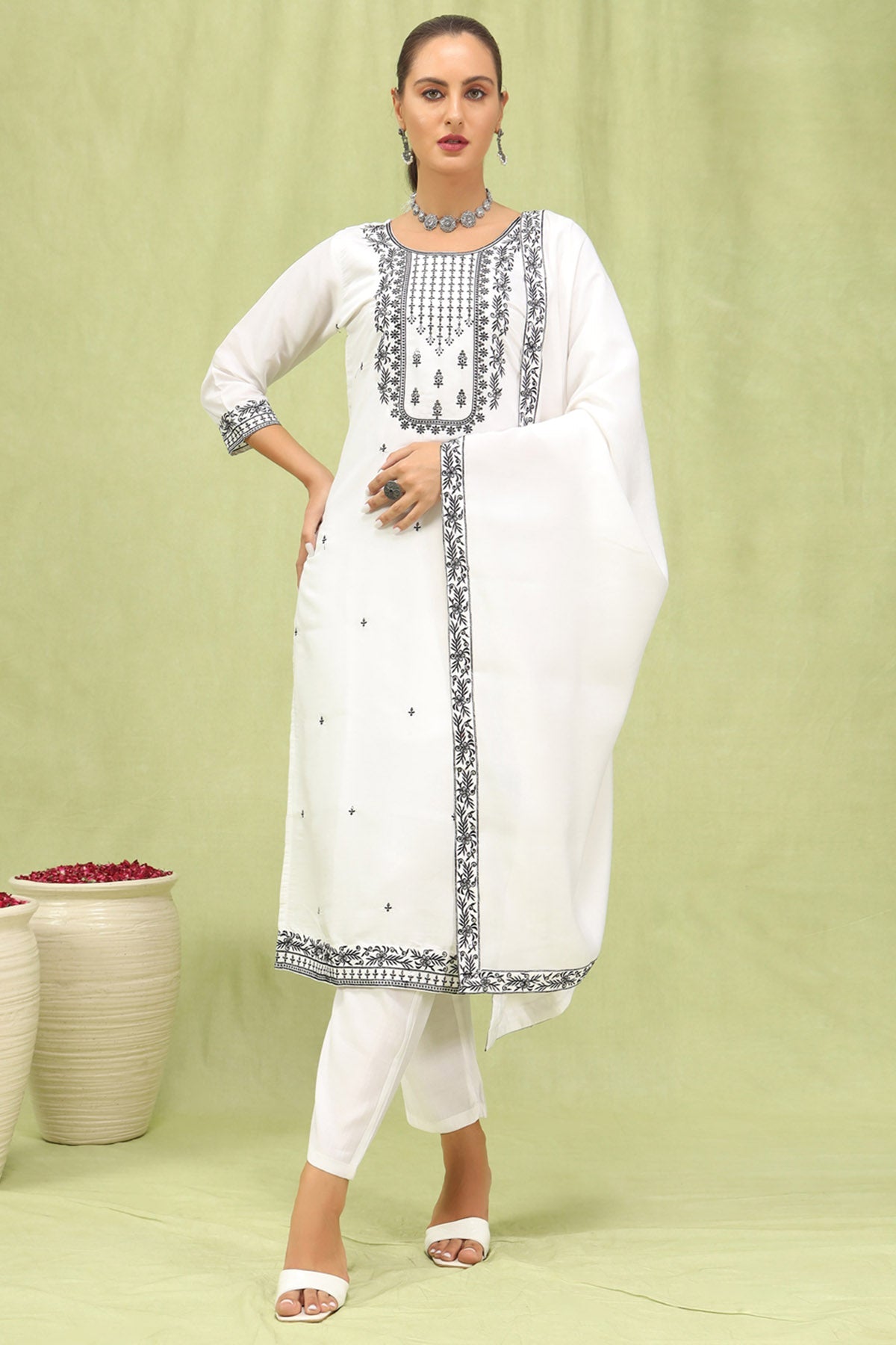 Buy White Viscose Roman Kurta Set for women by Aastha Fashion online available at scrollnshops
