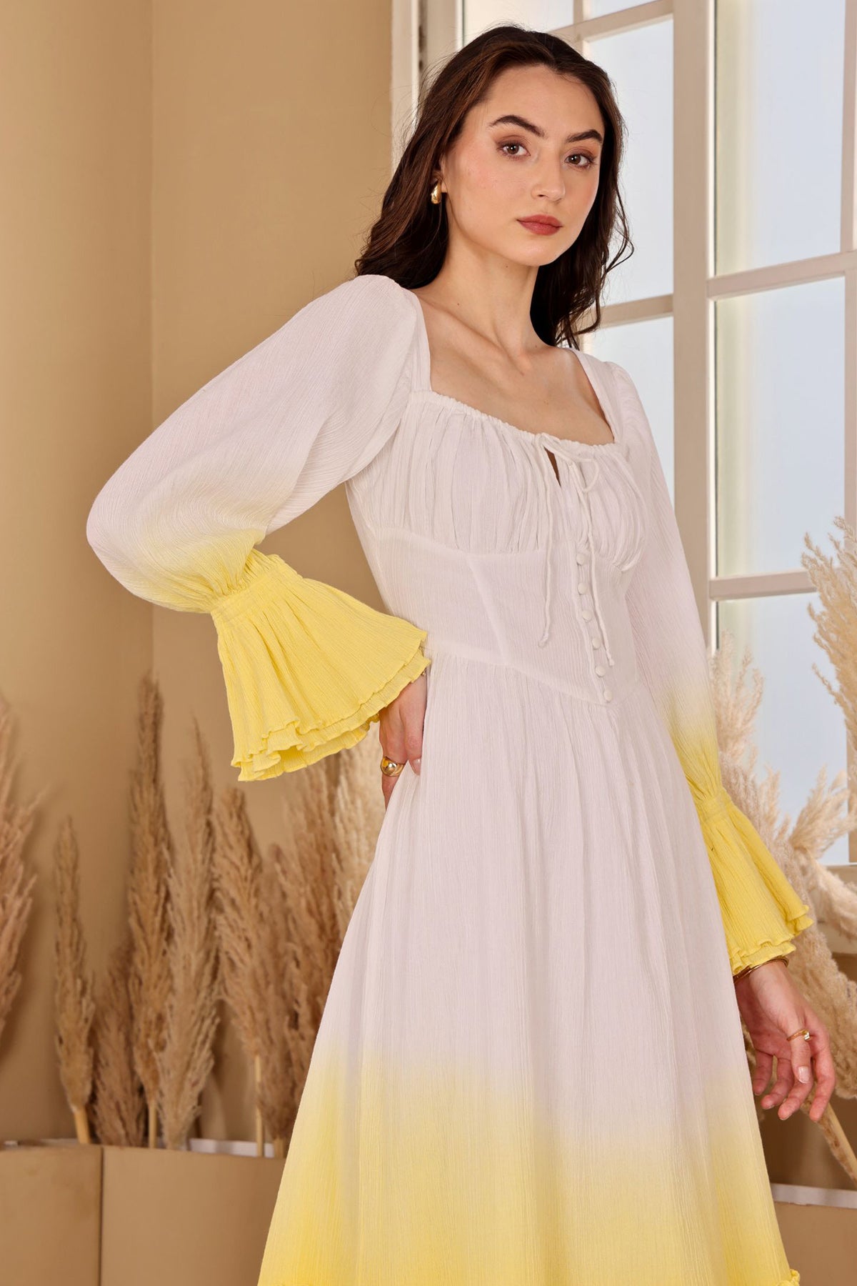 White Yellow Lace Detail Dress