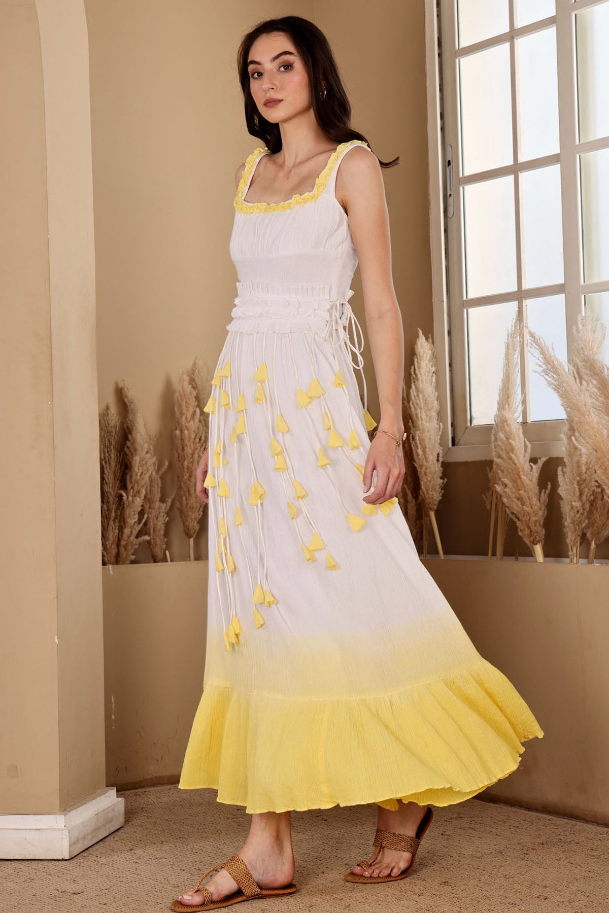 White Yellow Layered Maxi Dress