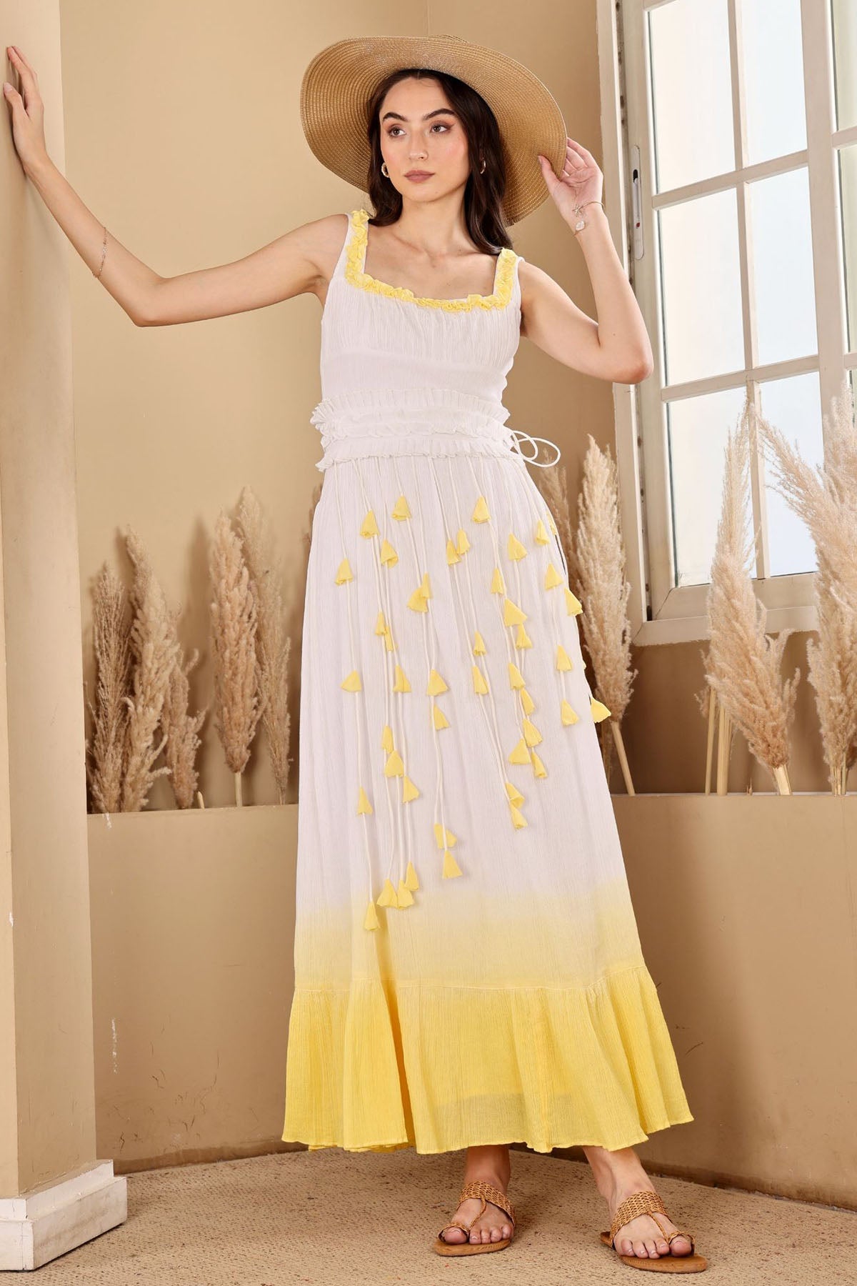 Buy White Yellow Layered Maxi Dress for women by seoraa online available at scrollnshops