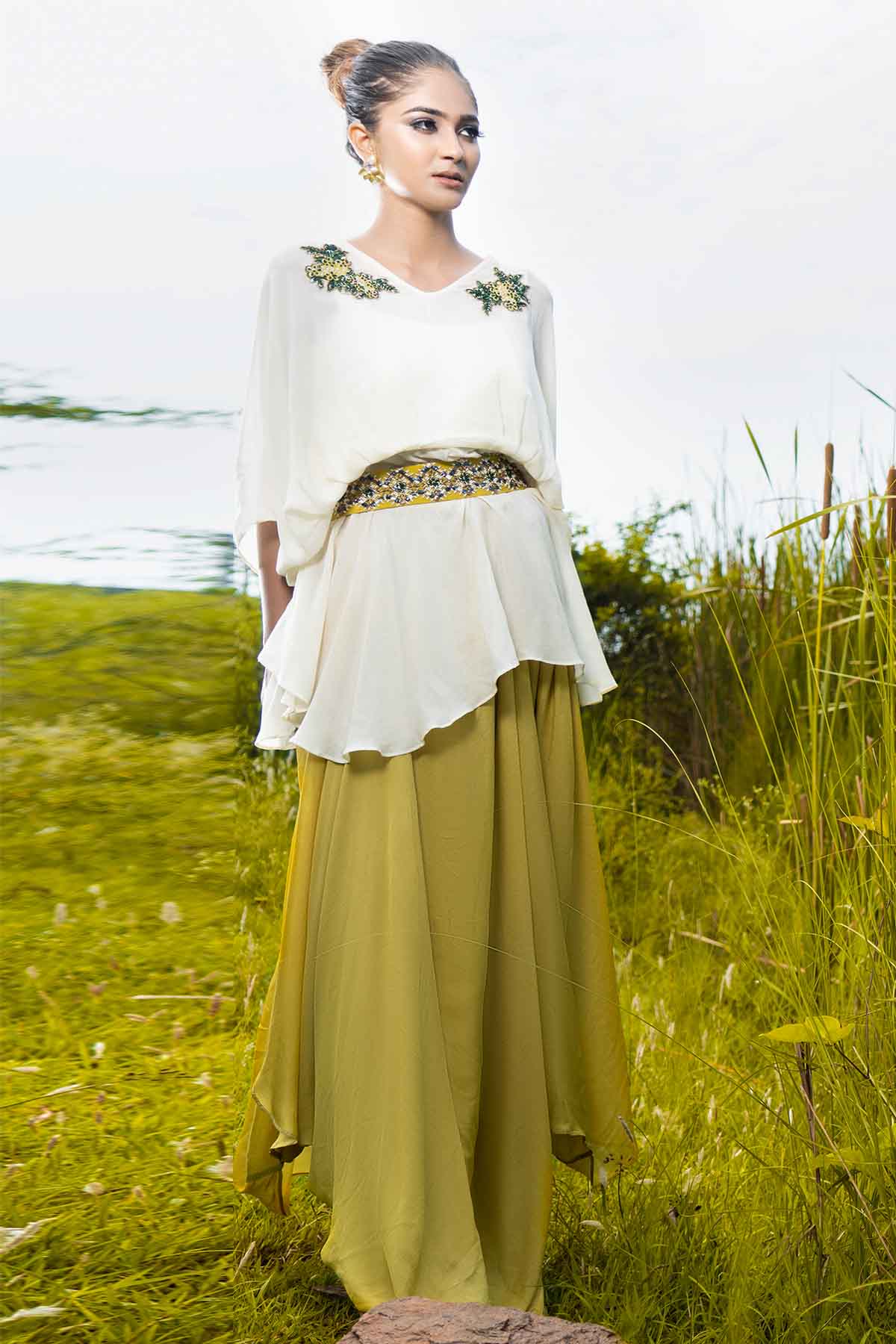 White Zardosi Top & Cowl Skirt