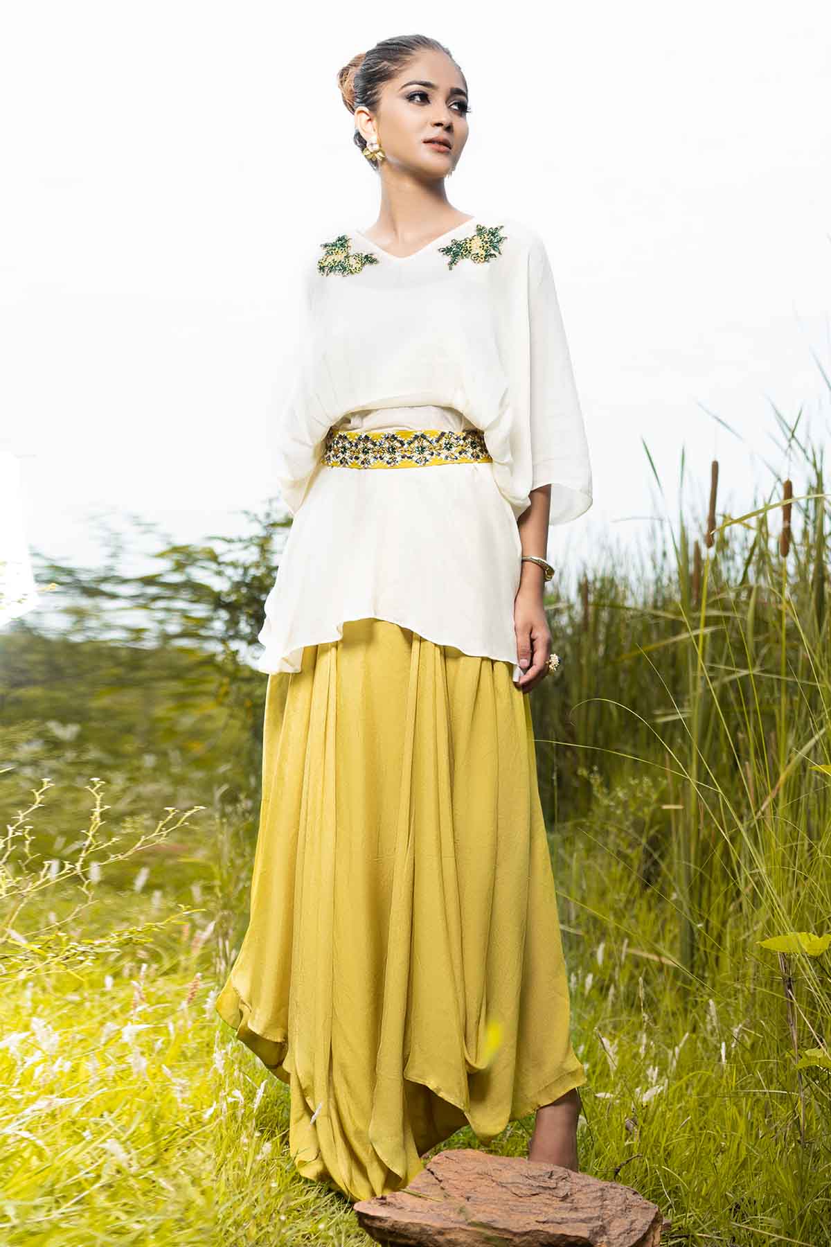 White Zardosi Top & Cowl Skirt