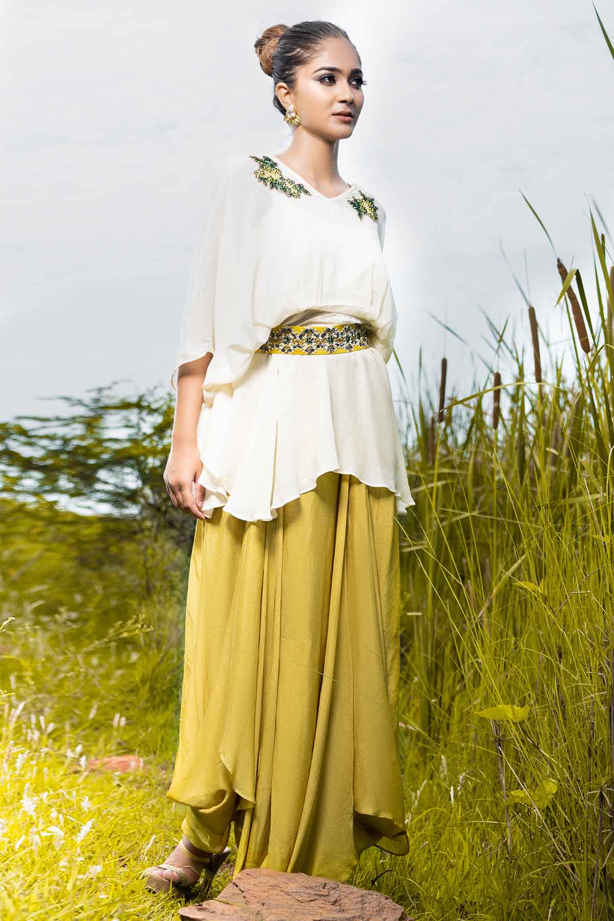 White Zardosi Top & Cowl Skirt