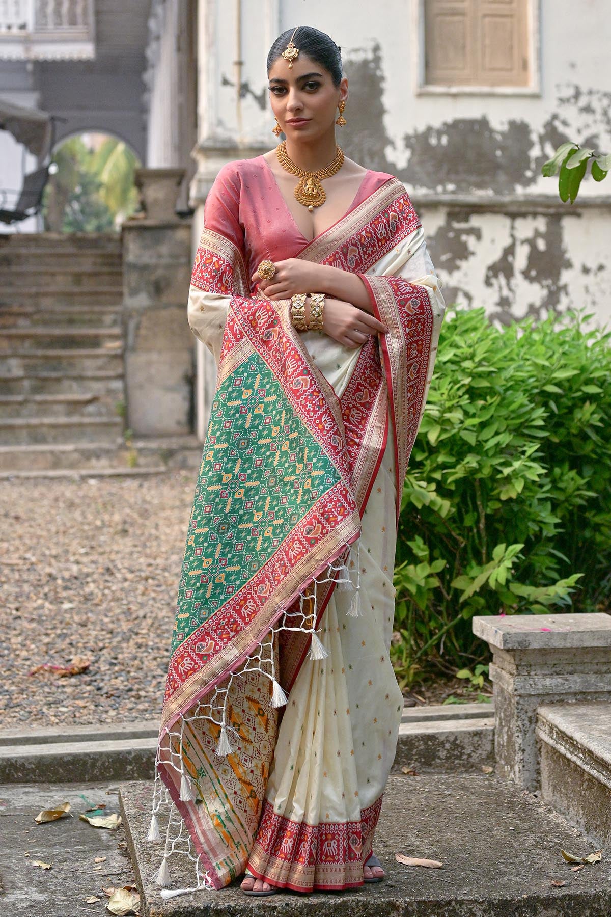 White Zari Patola Design Saree