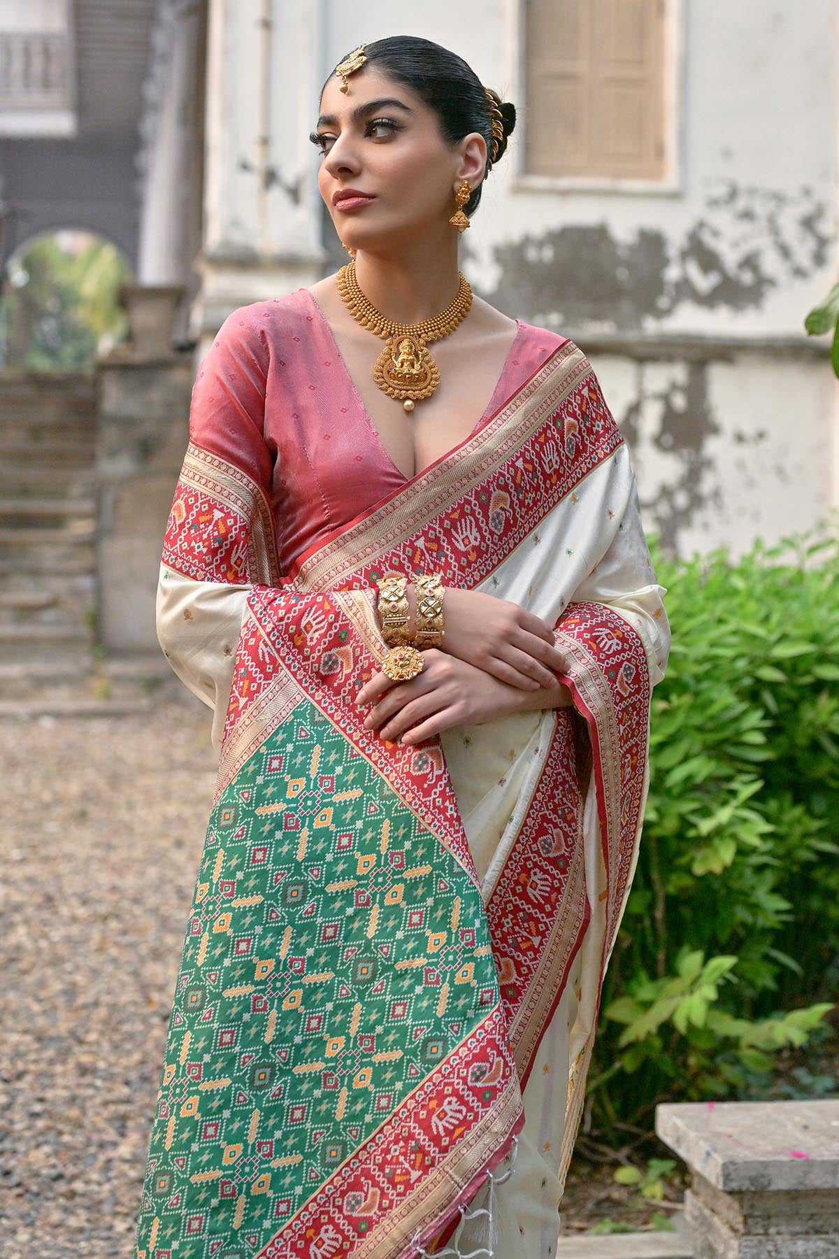 White Zari Patola Design Saree