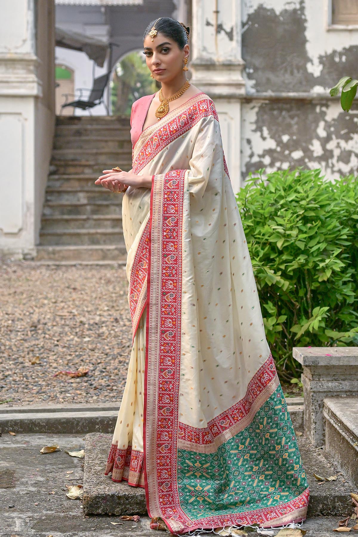 White Zari Patola Design Saree