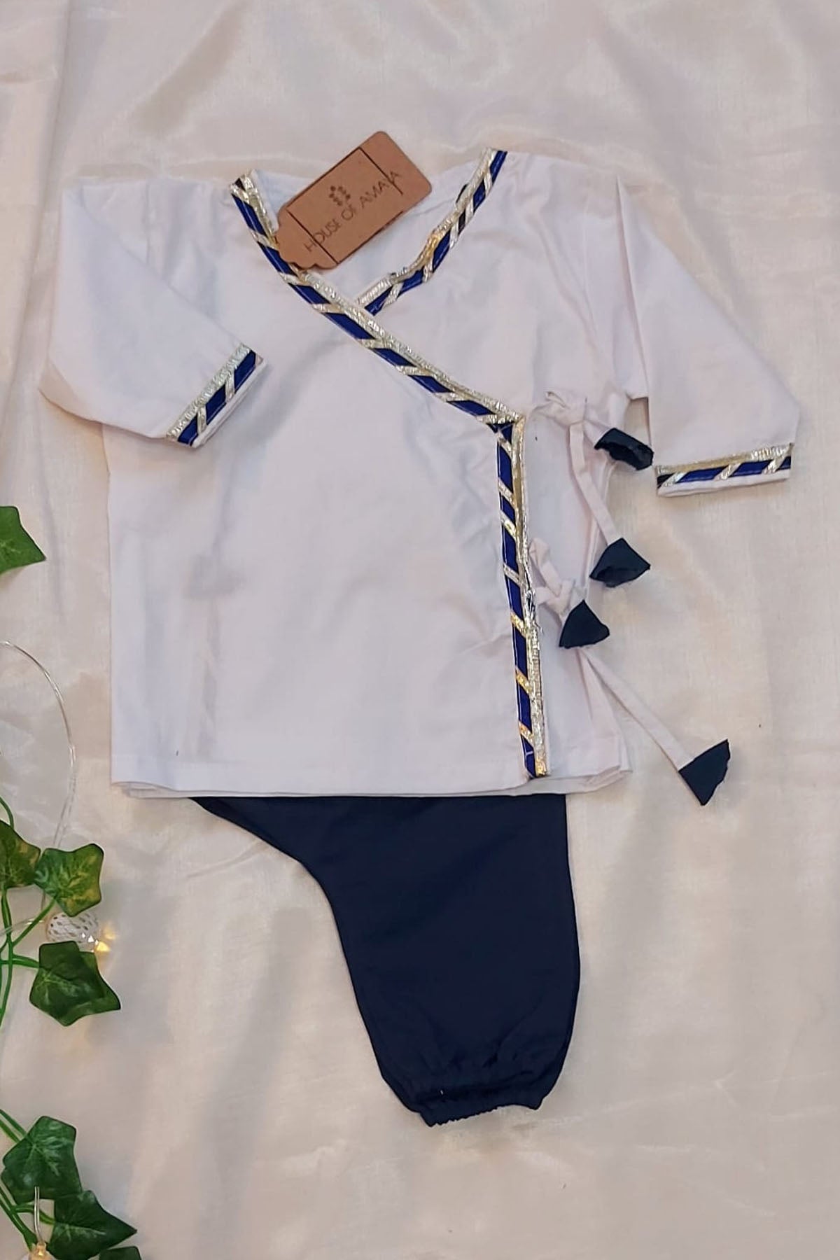 Designer ViYa White & Blue Cotton Angrakha Set For Kids Available online at ScrollnShops