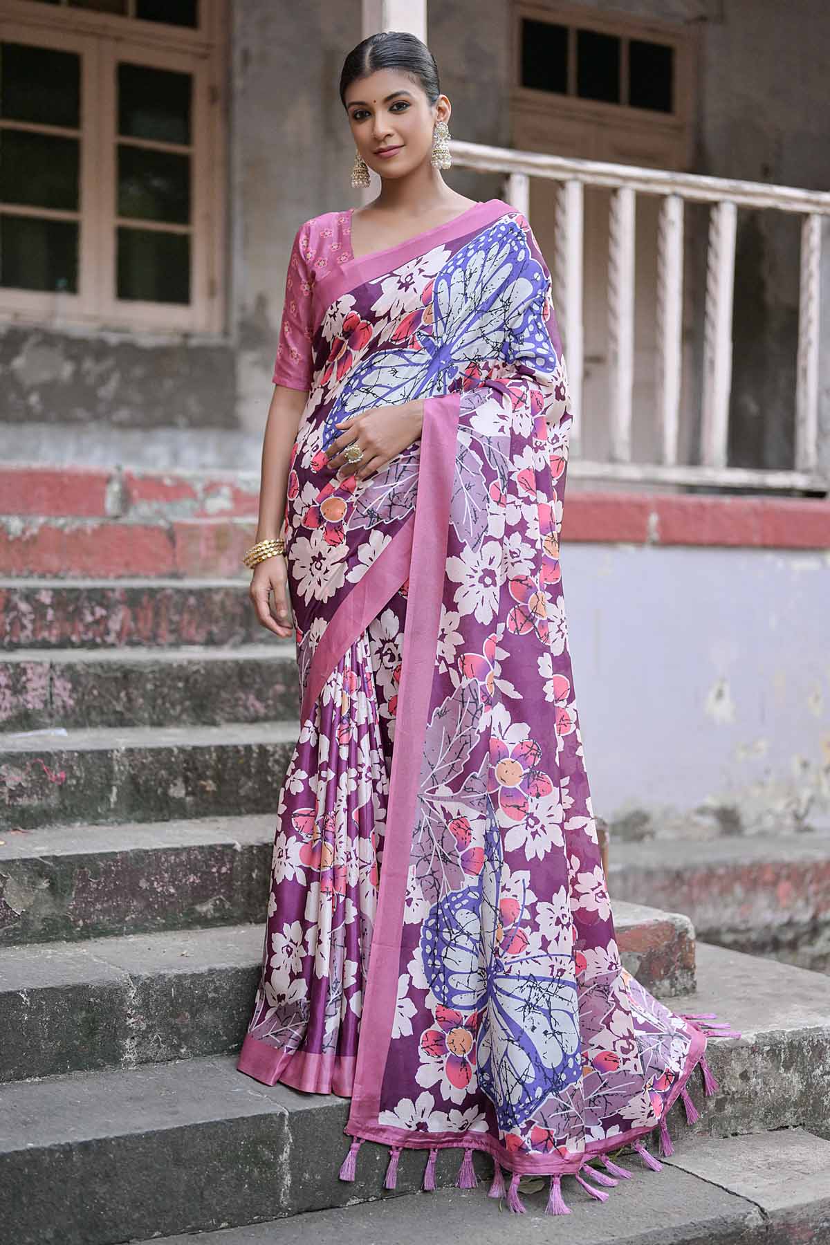 Wine Floral & Butterfly Saree