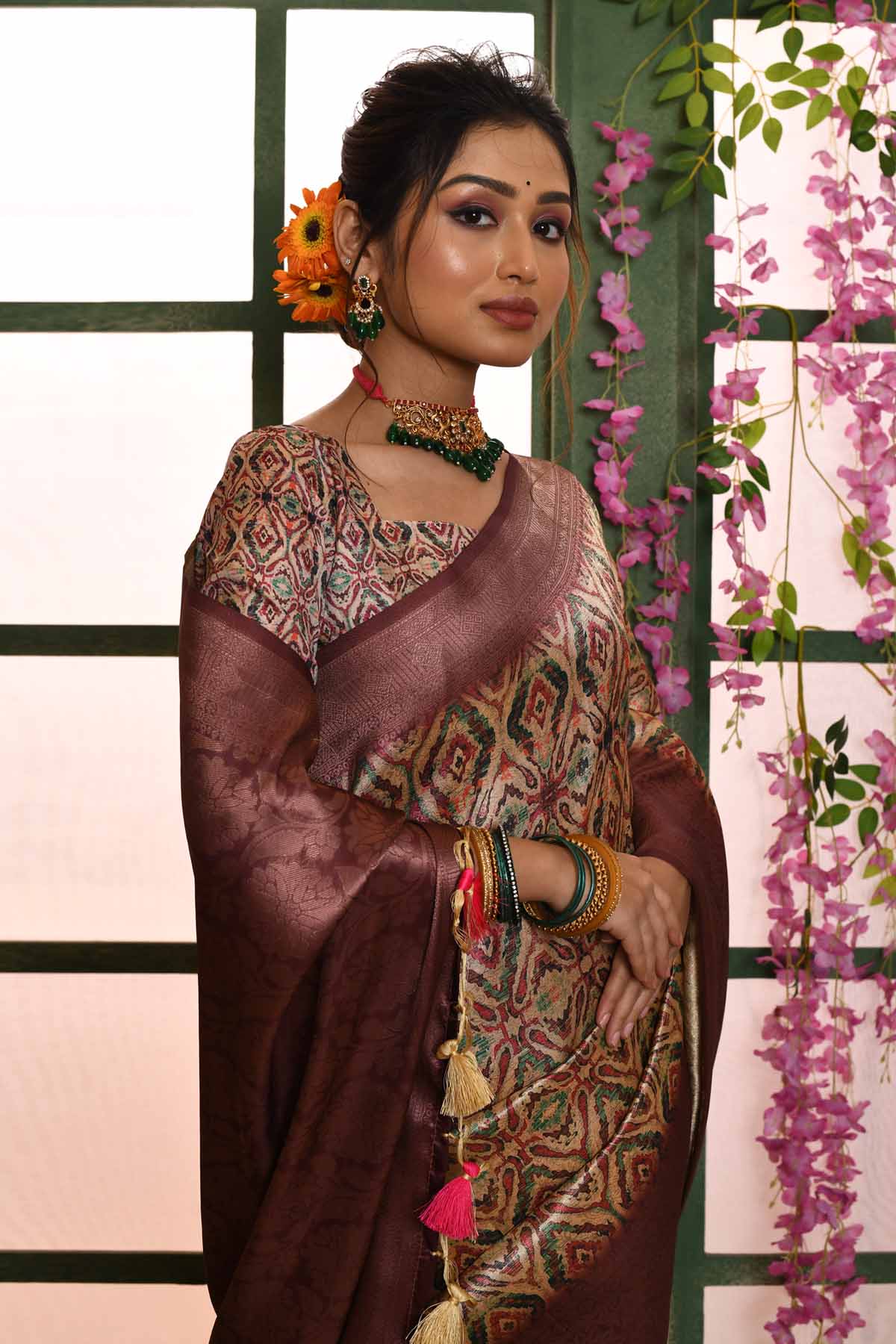 Wine Ikkat Print Saree
