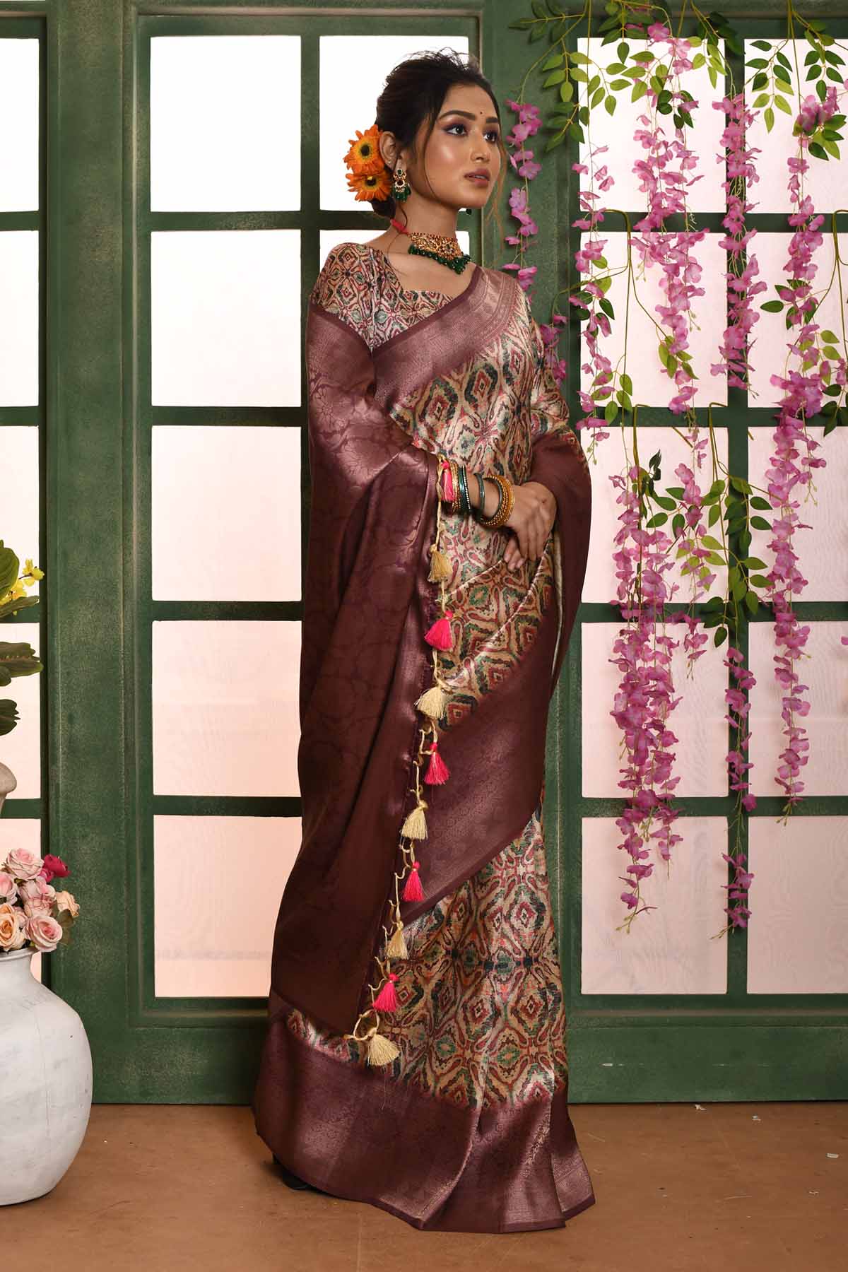 Wine Ikkat Print Saree