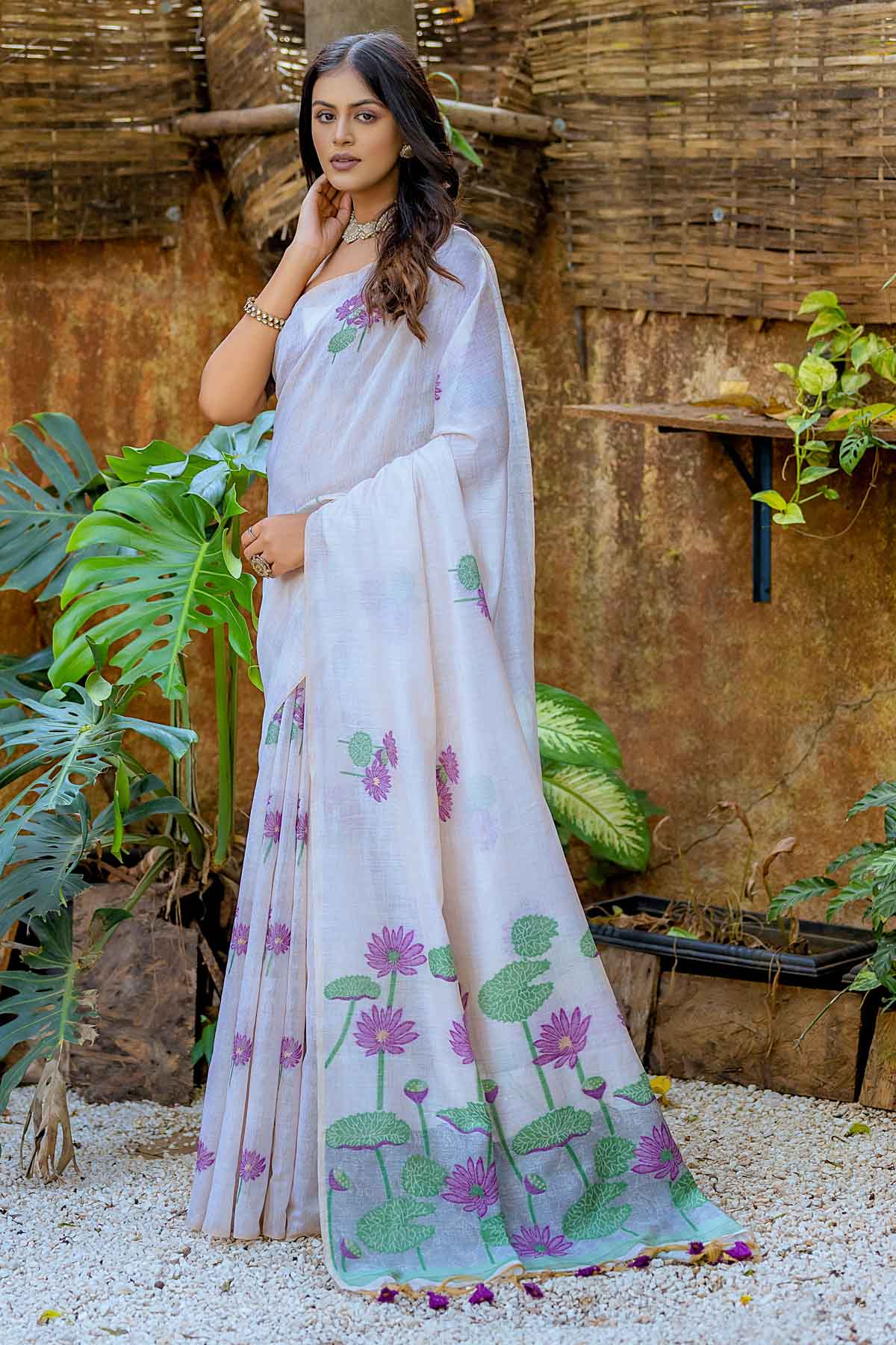 Wine Lotus Muga Cotton Saree