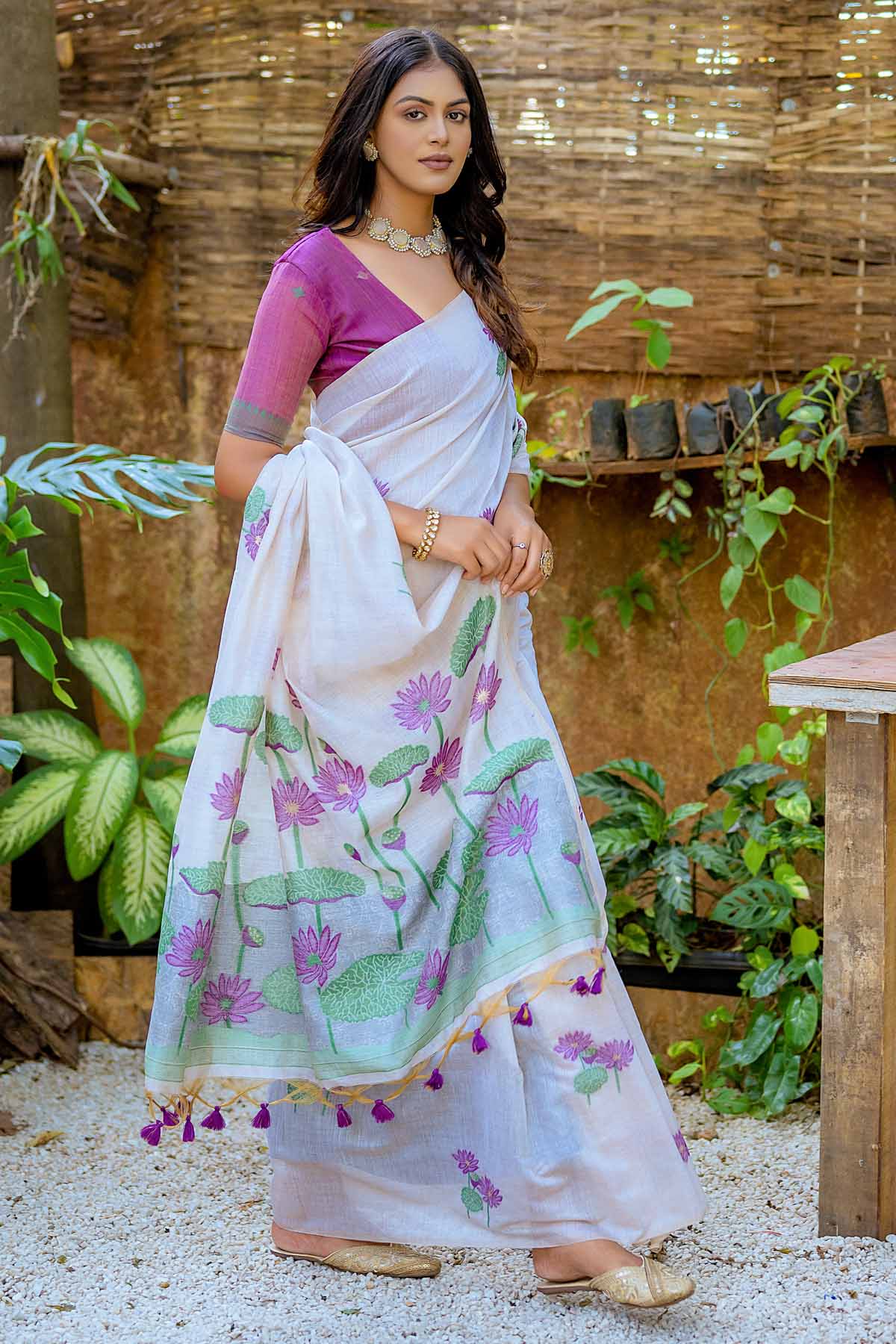 Wine Lotus Muga Cotton Saree