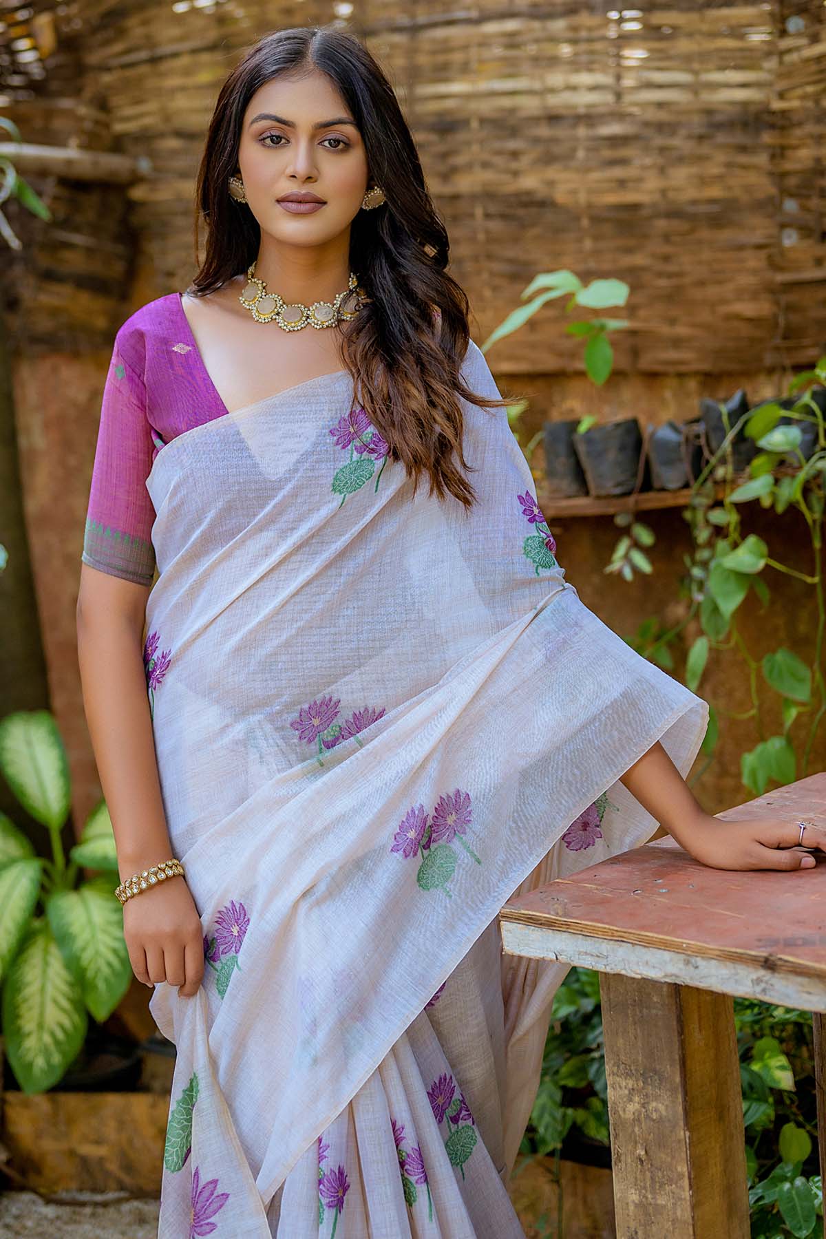 Wine Lotus Muga Cotton Saree