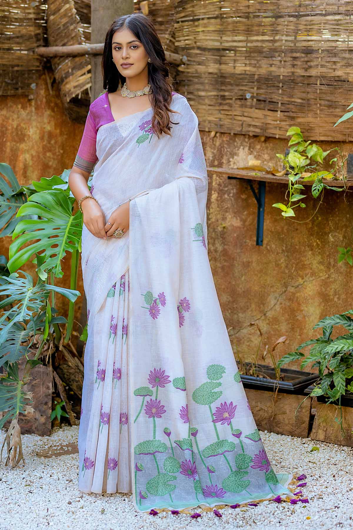 Wine Lotus Muga Cotton Saree