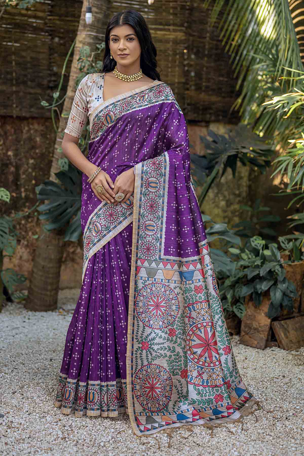 Wine Madhubani Print Saree
