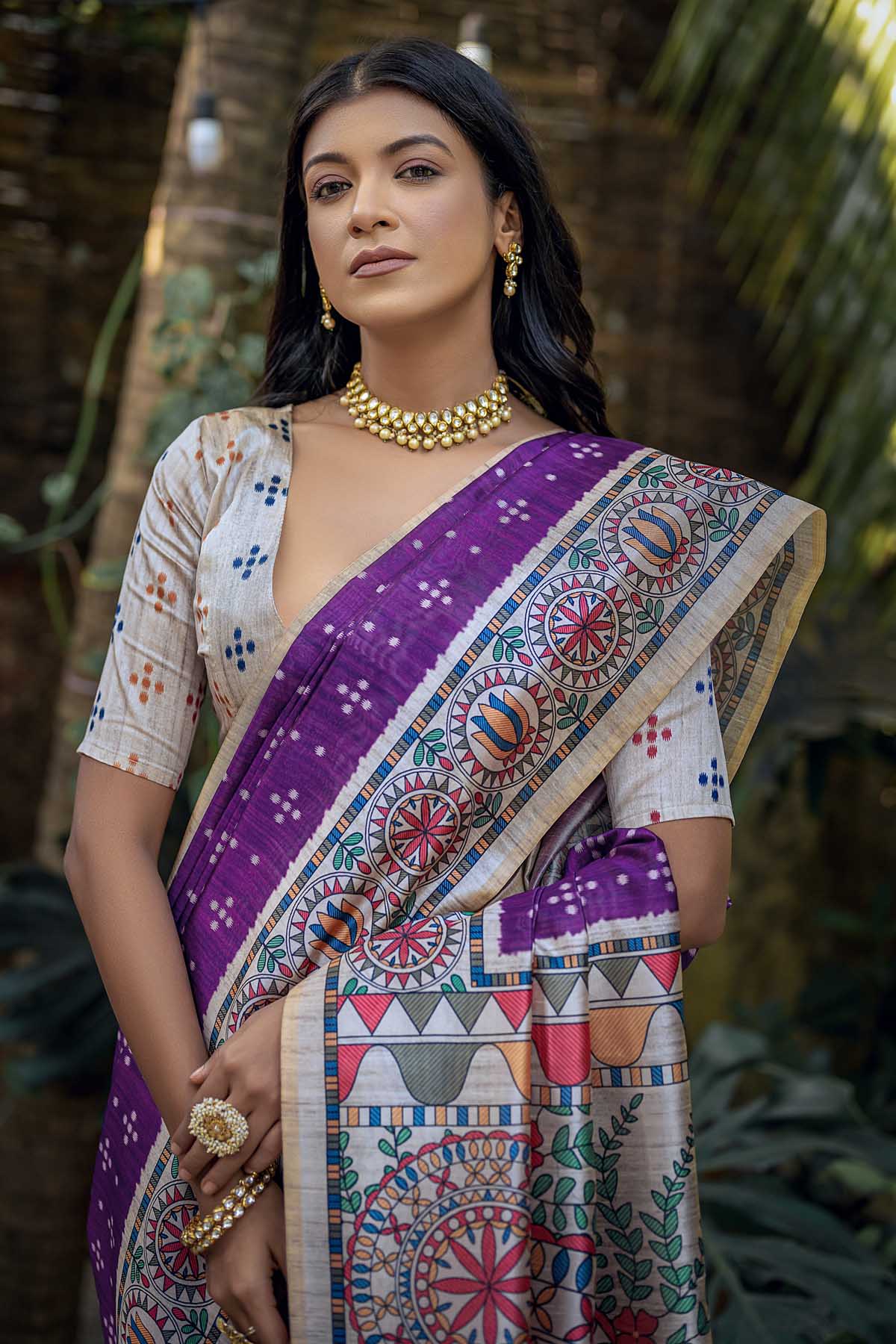 Wine Madhubani Print Saree