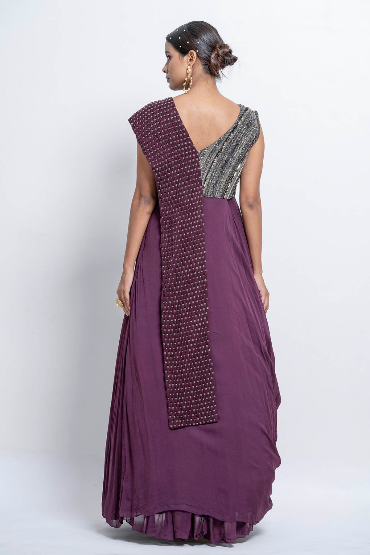 Wine Saree Drape Gown