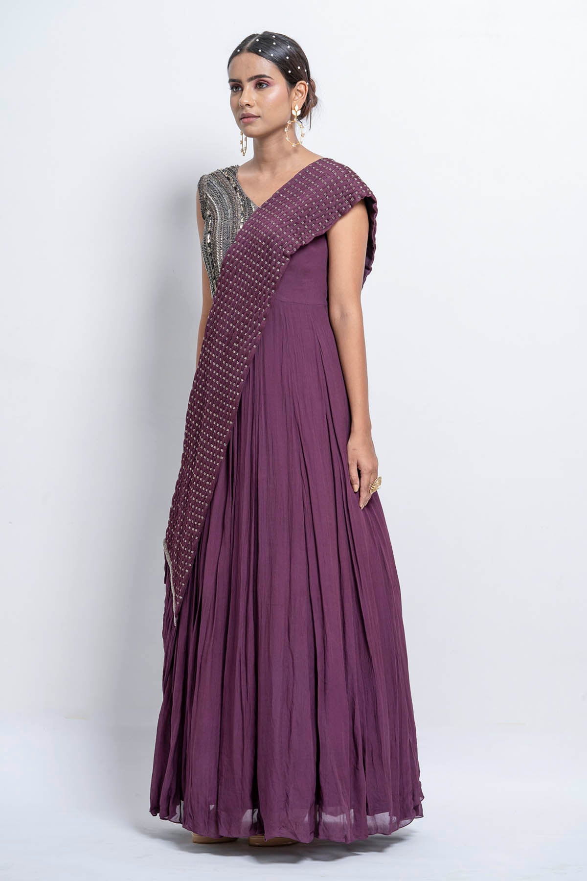 Wine Saree Drape Gown
