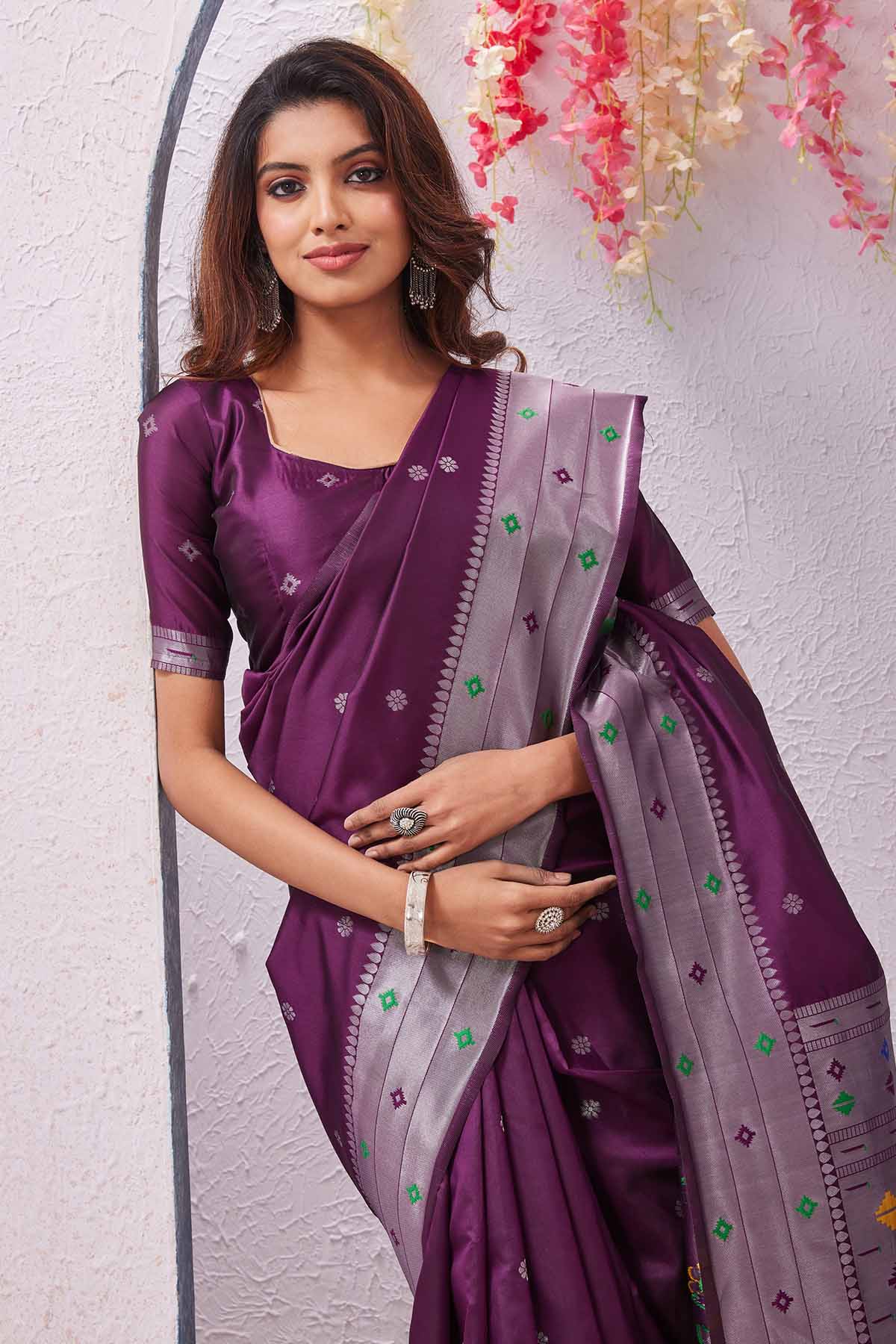 Wine Banarasi Silk Floral Saree