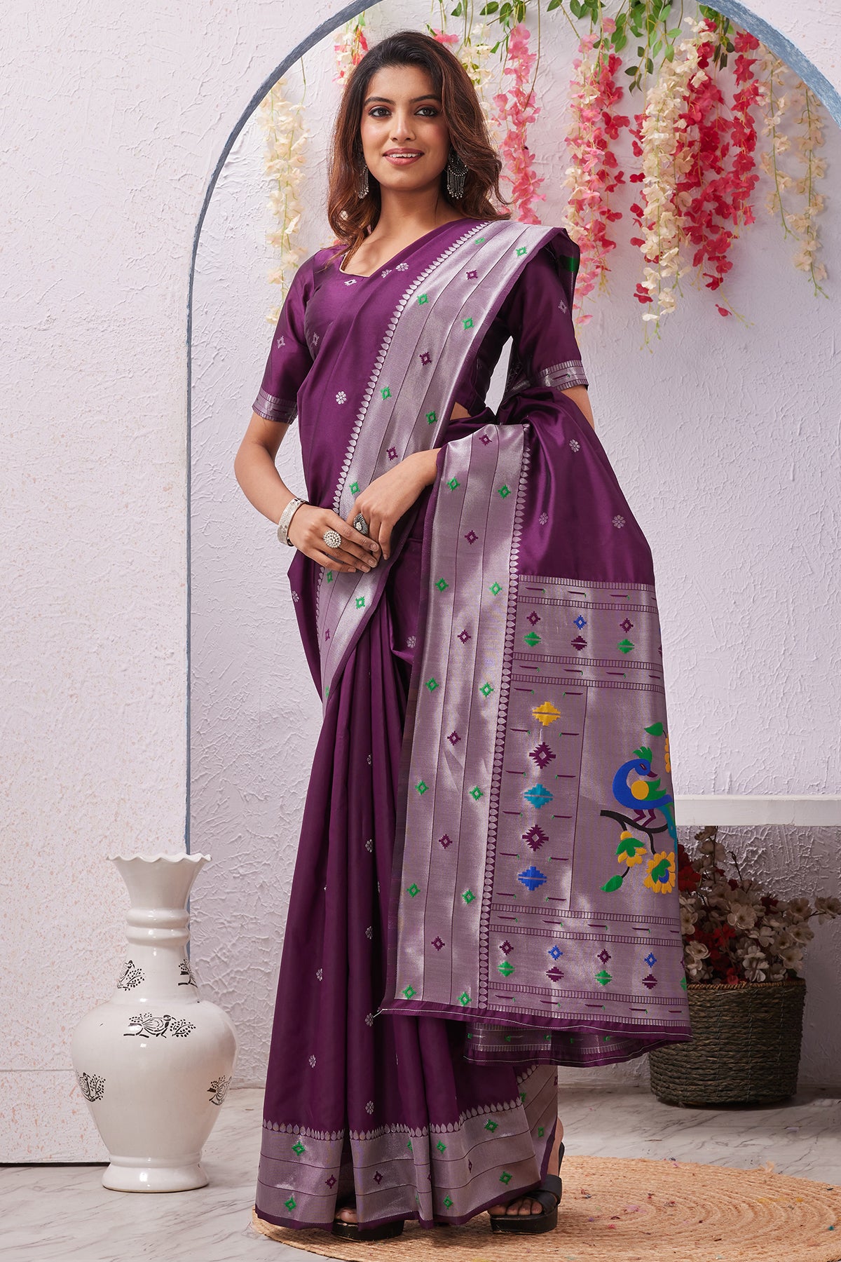 Wine Banarasi Silk Floral Saree
