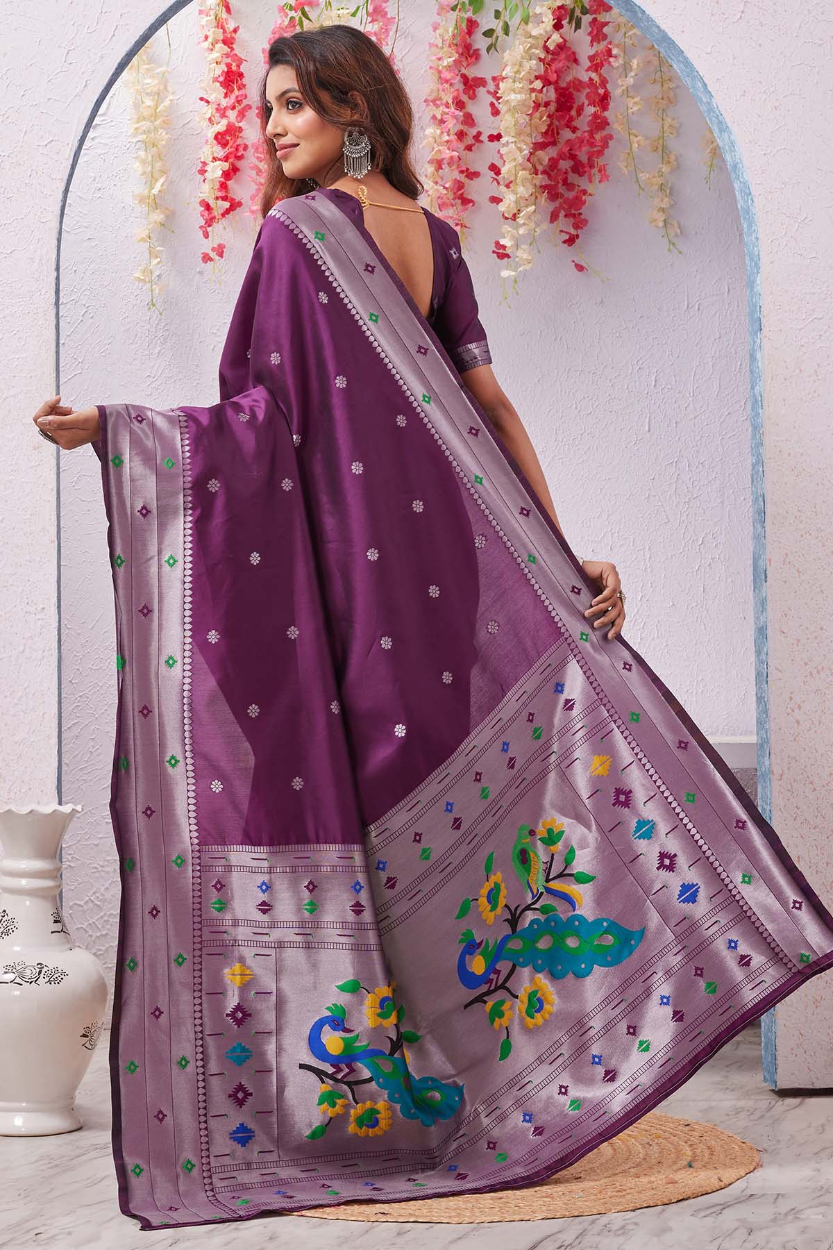 Wine Banarasi Silk Floral Saree