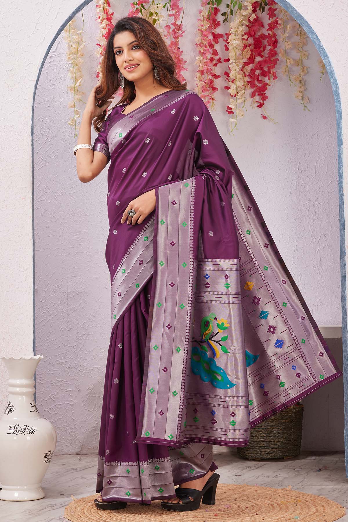 Wine Banarasi Silk Floral Saree