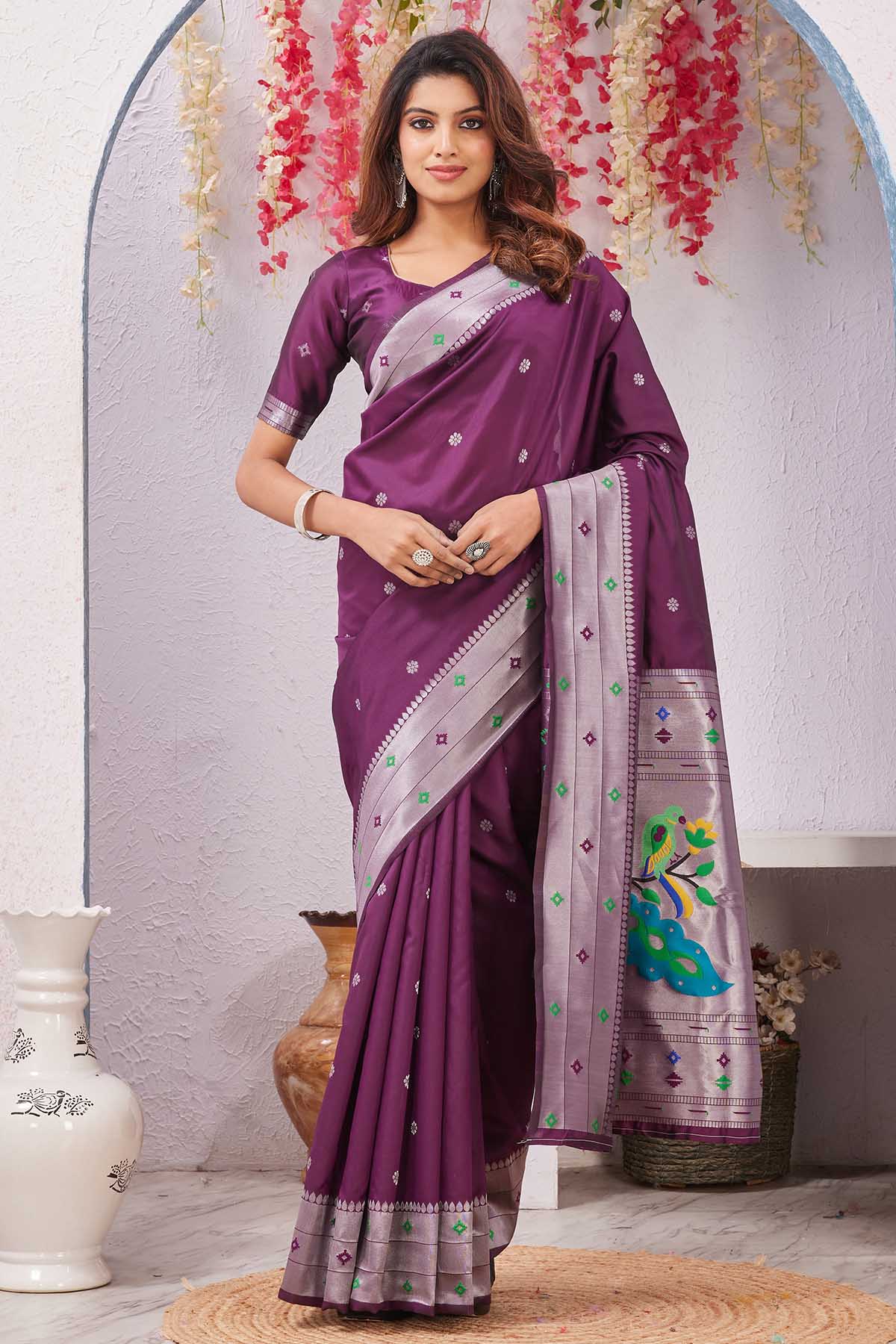 Buy Wine Banarasi Silk Floral Saree for women by Aastha Fashion online available at scrollnshops
