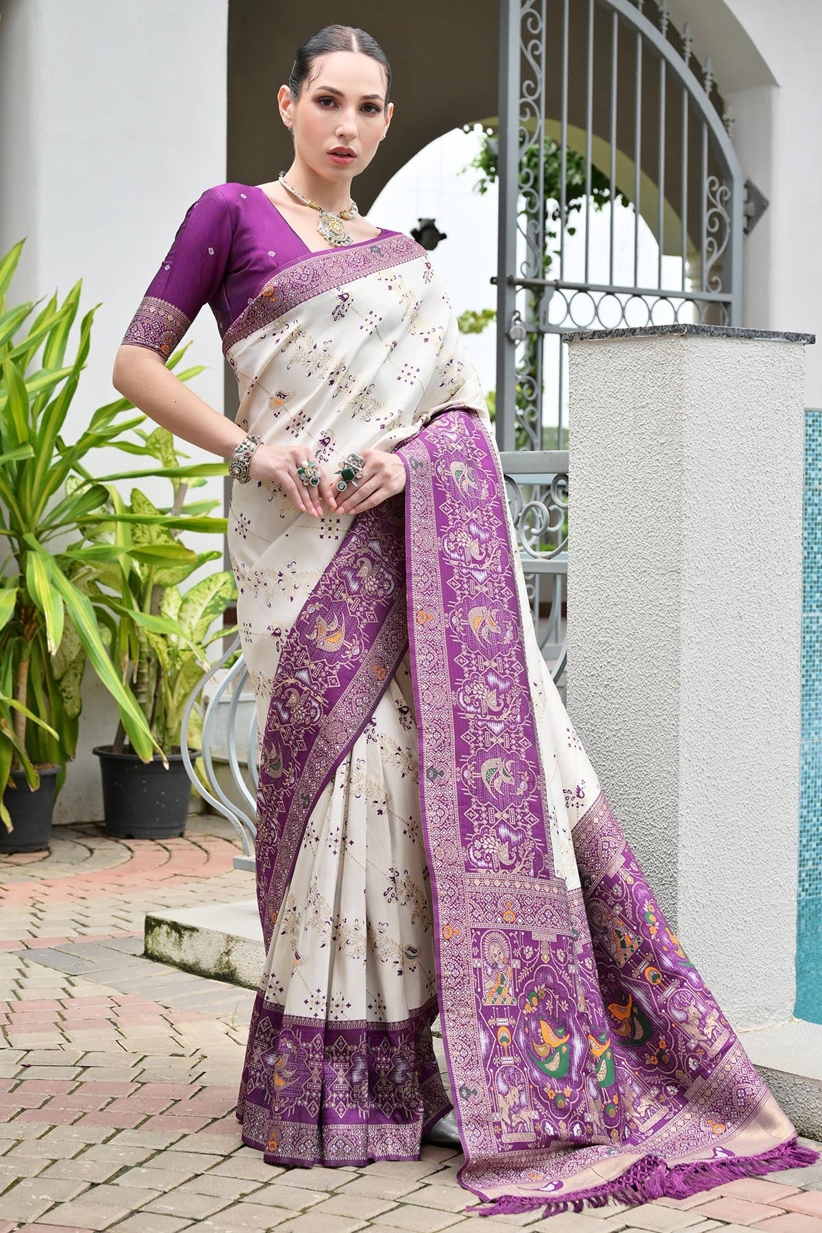 Buy Wine Banarasi Silk Thread Saree for women by Lili Lala online available at scrollnshops