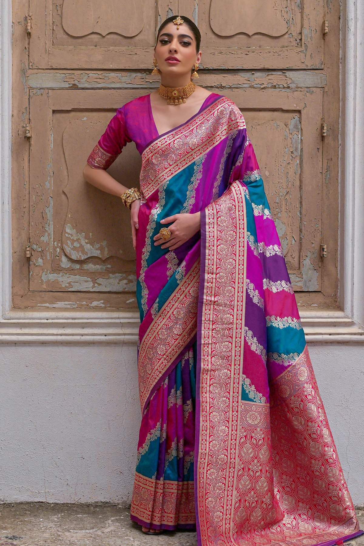 Buy Wine Banarasi Silk Zari Saree by Lili Lala for women online at ScrollnShops
