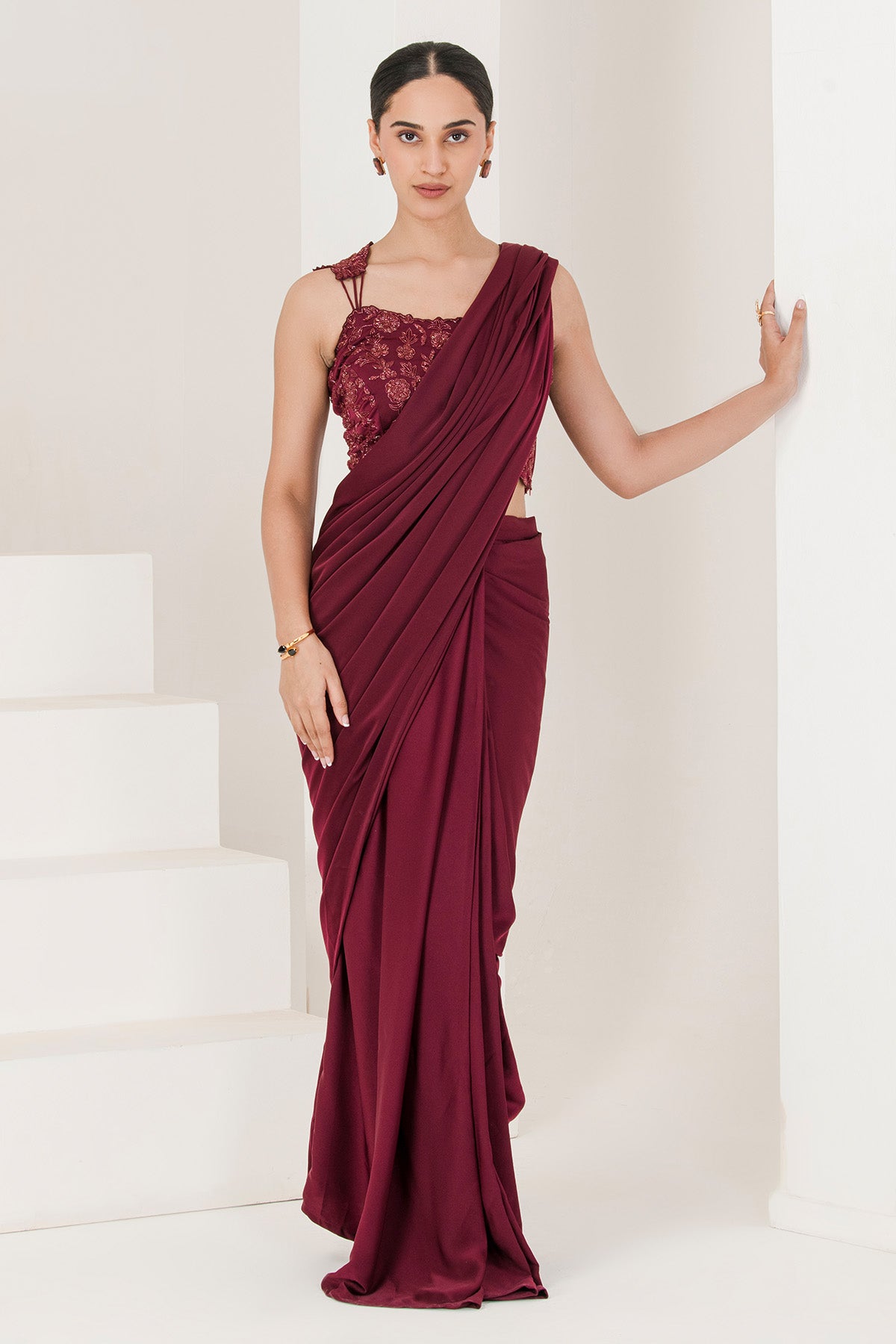 Wine Beads Pre-Stitched Saree