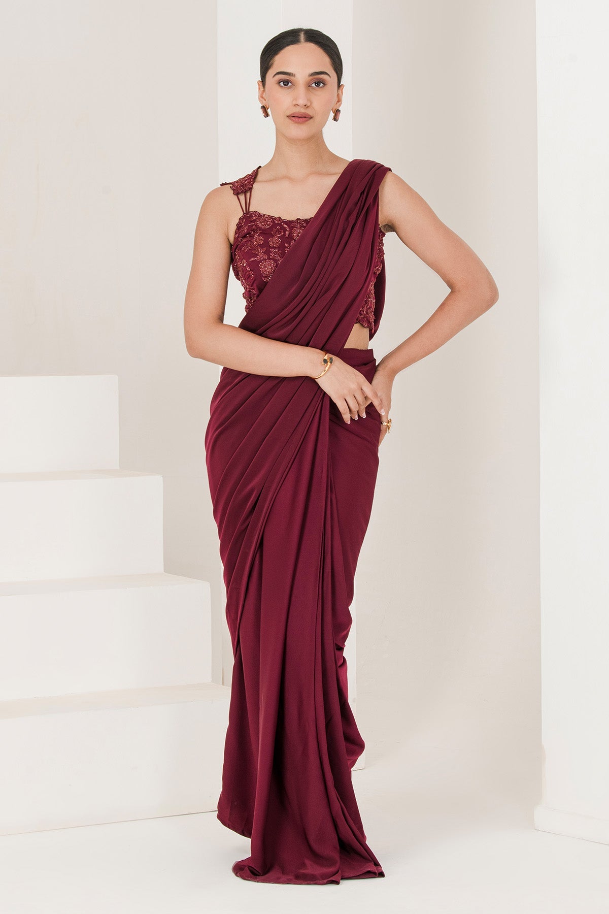 Buy Wine Beads Pre-Stitched Saree by The Maive for women online at ScrollnShops