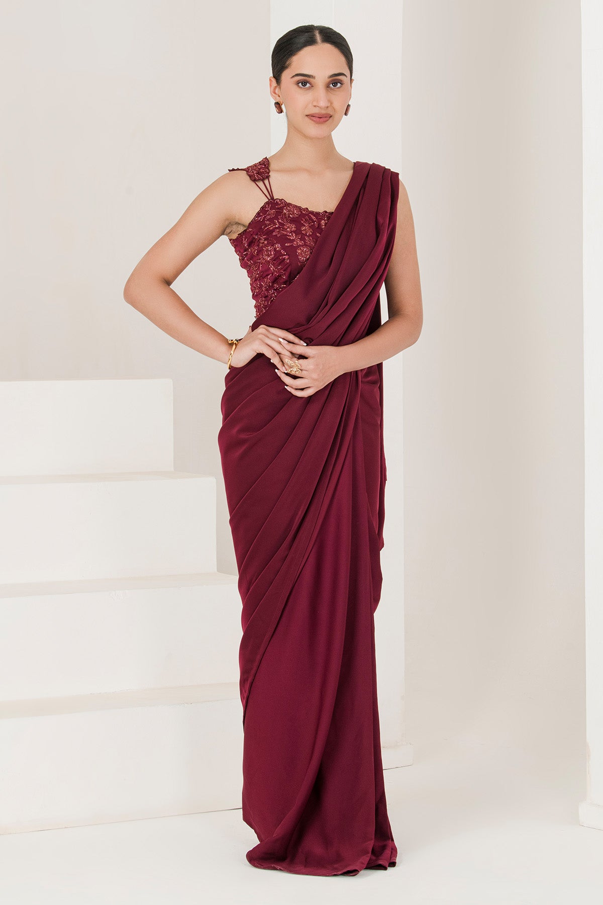 Wine Beads Pre-Stitched Saree