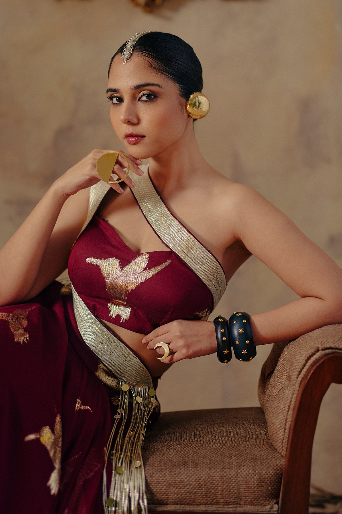 Wine Bird Motifs Lehenga Set