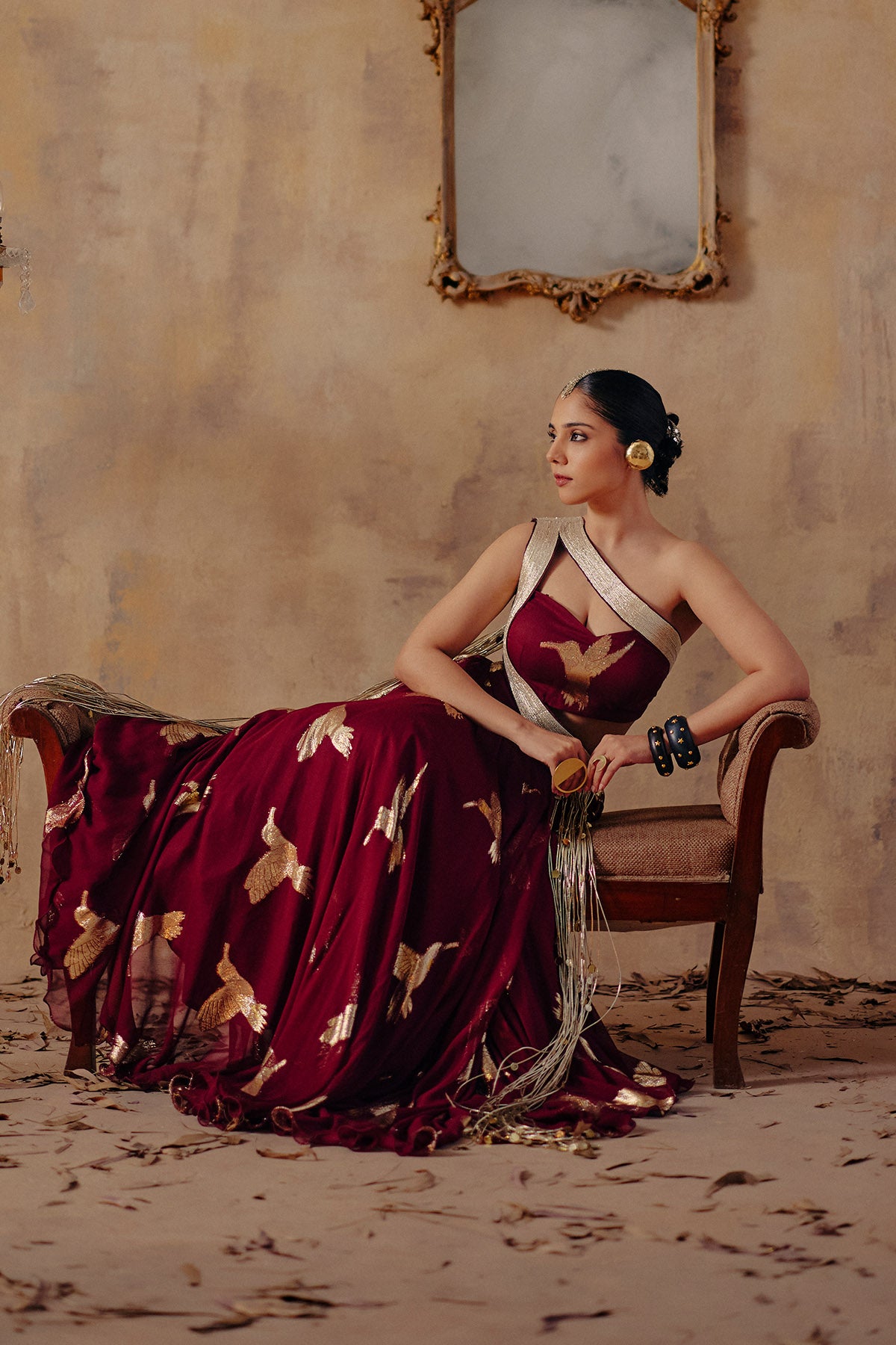 Wine Bird Motifs Lehenga Set