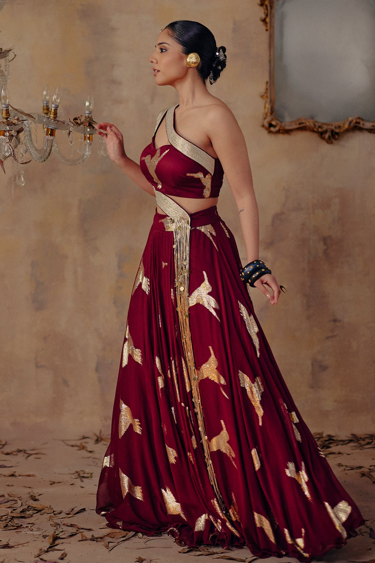 Wine Bird Motifs Lehenga Set