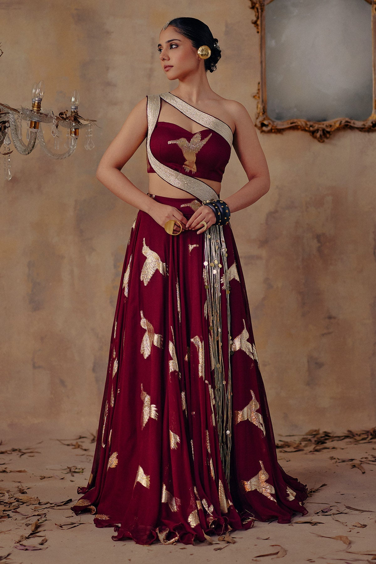 Buy Wine Bird Motifs Lehenga Set for women by Ajiesh Oberoi online available at scrollnshops